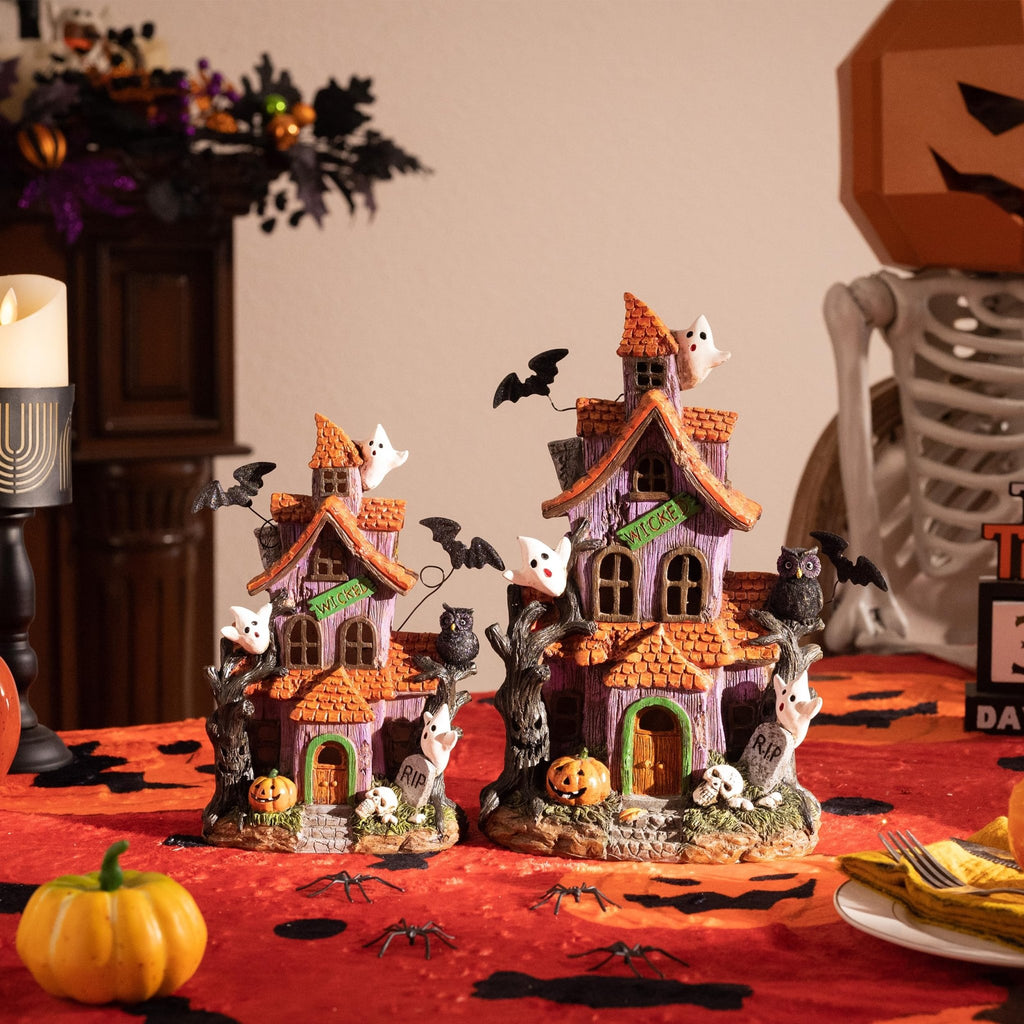 Valery Madelyn Halloween Decorations, Lighted Halloween Village Houses with LED Lights, Resin Spooky Town Happy Haunted House for Home and Party Table Desk Mantel, 9 Inch - Halloween Happy