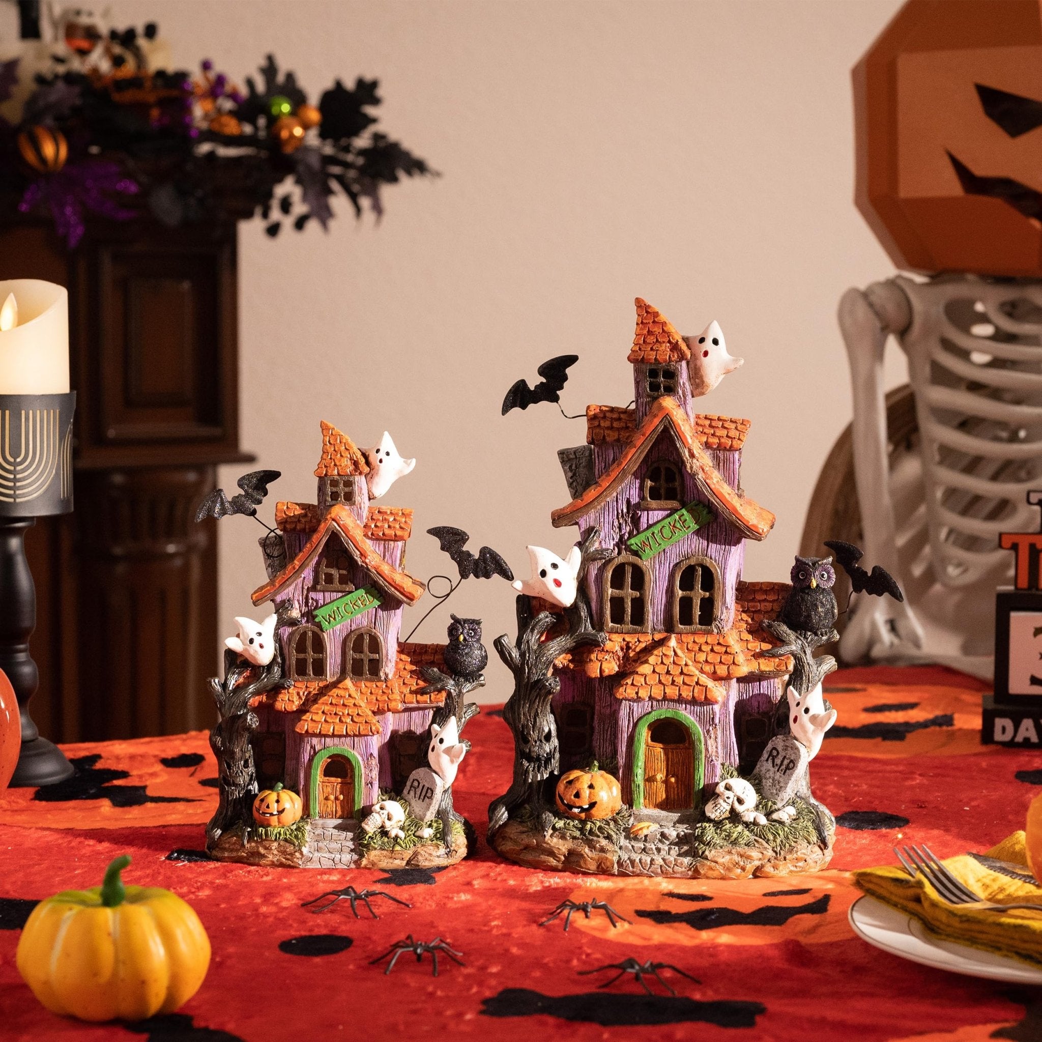 Valery Madelyn Halloween Decorations, Lighted Halloween Village Houses with LED Lights, Resin Spooky Town Happy Haunted House for Home and Party Table Desk Mantel, 9 Inch - Halloween Happy