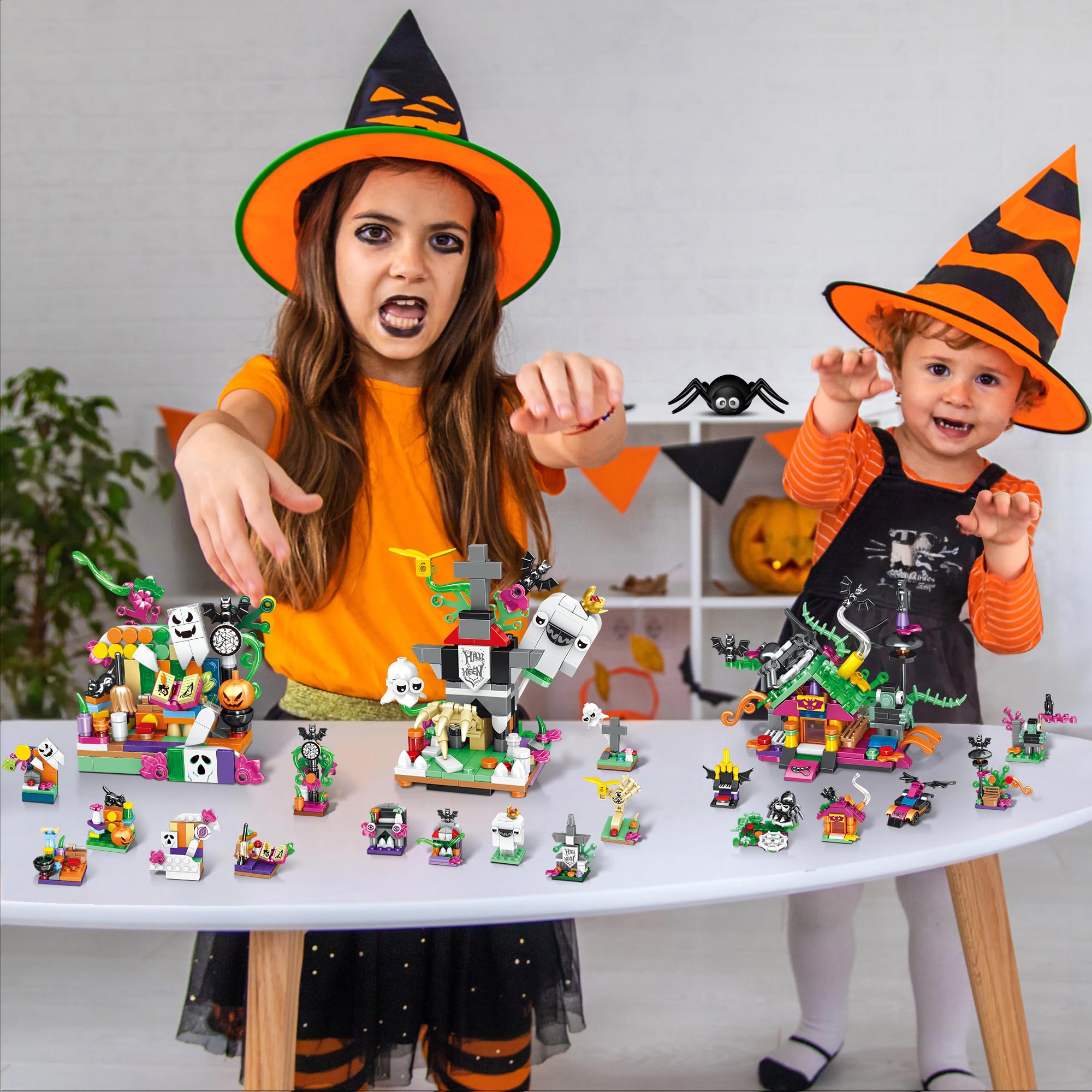 Halloween Building Set – Trick - or - Treat Toy for Kids, 6 - in - 1 Building Blocks with 18 Mini Packs, Pumpkin Patch, Ghost & Bat Scenes, Glow Tattoos, Pretend Play, Halloween Party Favors, Boys & Girls 6+ - Halloween Happy
