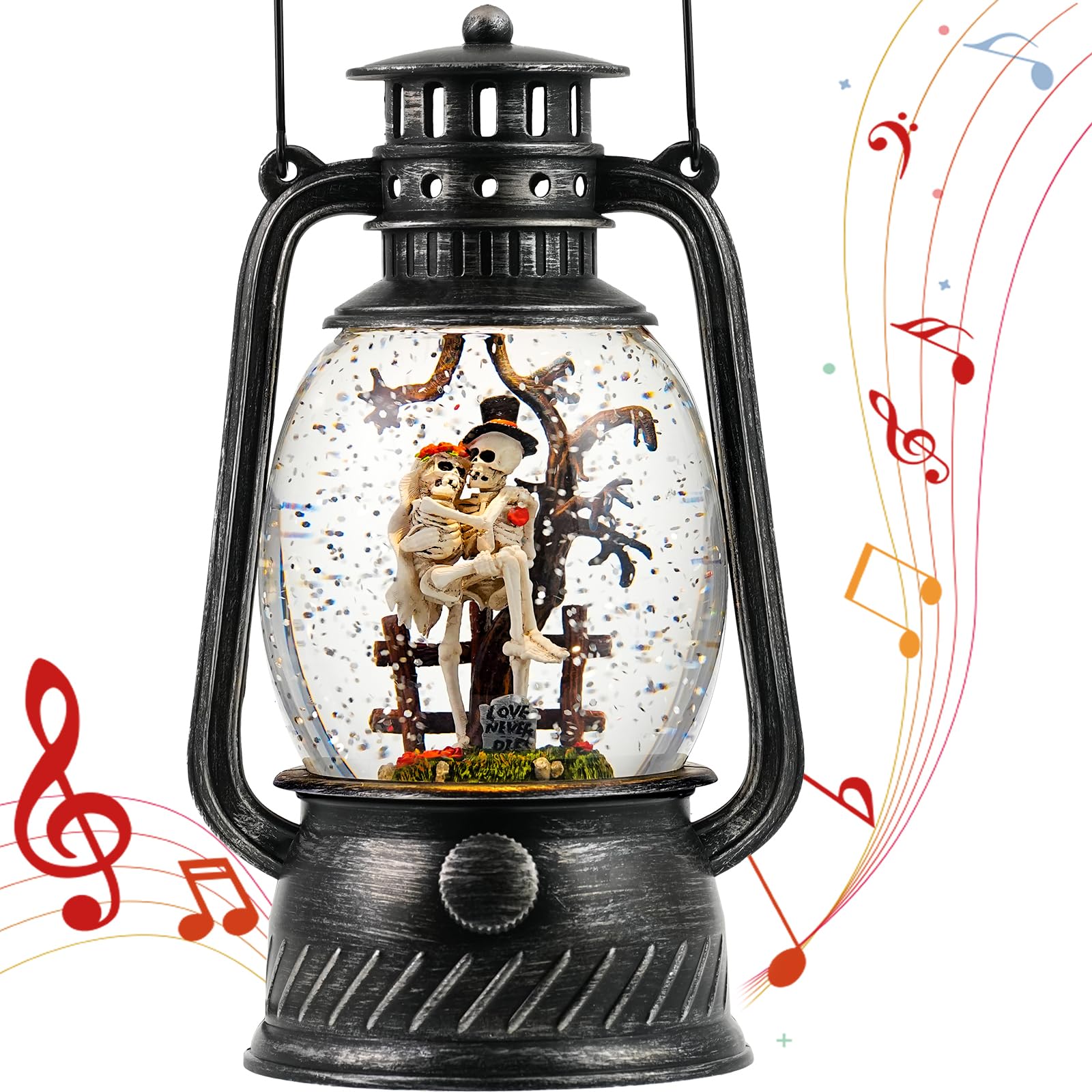 Halloween Snow Globe, Halloween Decorations Indoor Light Up Snow Globe Lantern with Music, 6H Timer, Love Never Dies Swirling Glitter Halloween Lantern for Halloween Home Decorations - Halloween Happy