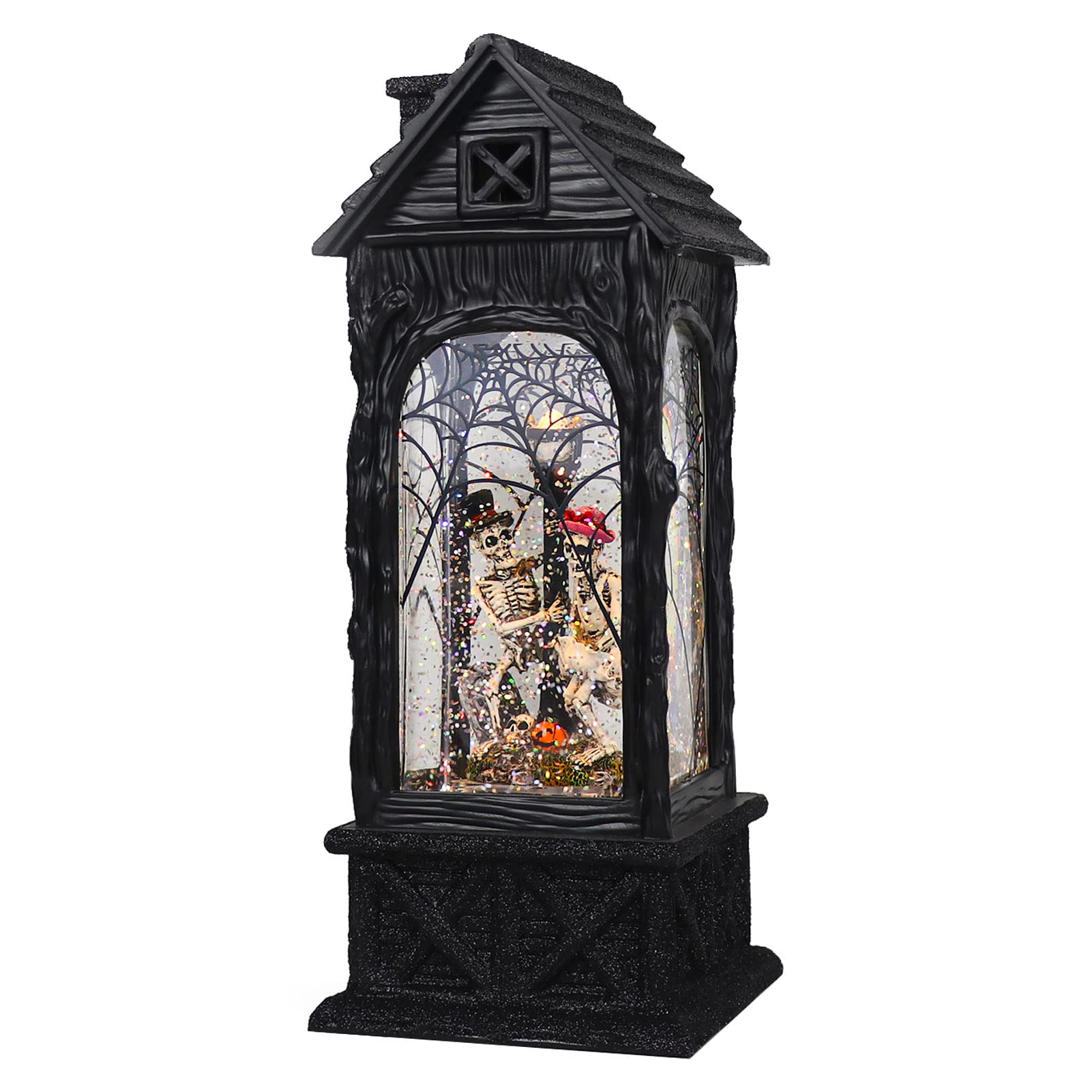 Eldnacele Halloween Ghost Projection Snow Globe Lantern with 6 - Hour Timer, Lighted Plug - in & Battery Operated Water Glittering Snowing Globe Lamp for Spooky Fall Halloween Indoor Decoration(Skeleton) - Halloween Happy