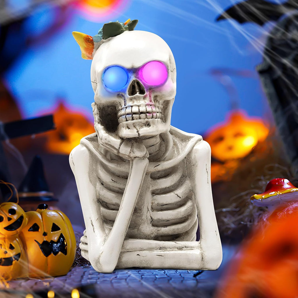 Halloween Skull Statue with Spooky LED Light for Holiday Decorations, Halloween Decor with Romantic Skeleton Couple on Swing Tombstone Tree, Grinning Skull Decor Props Haunted Collectible Gift - Halloween Happy
