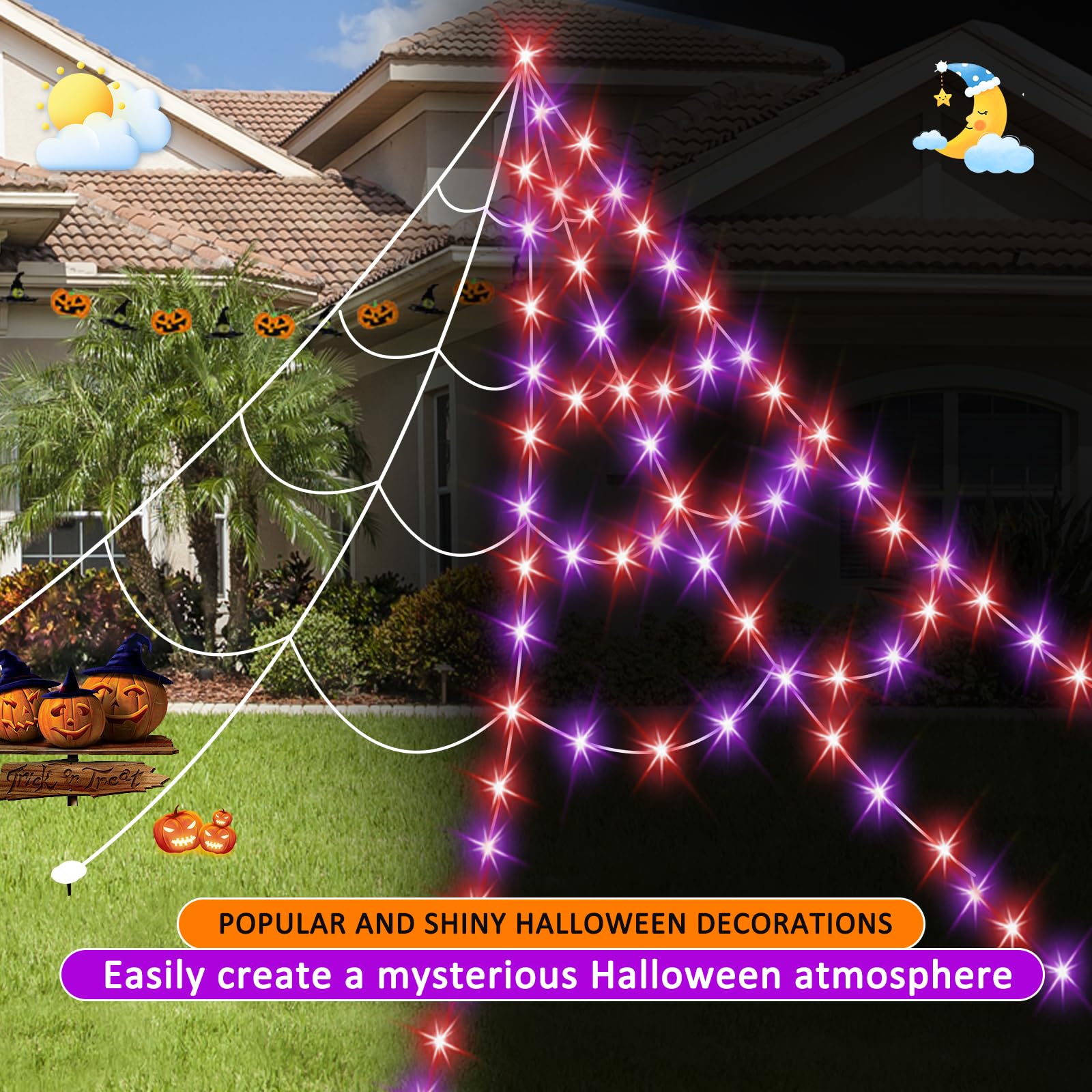 Halloween Spider Web Lights 550 LED Lighted Spider Web 16.4Ft Giant Halloween Decorations Light up with 8 Lighting Modes Waterproof & Timer for Indoor Outdoor House Haunted Yard Decor, Purple & Orange - Halloween Happy