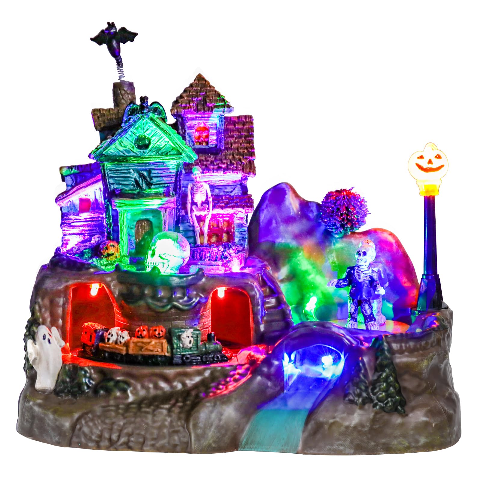 DREAM GARDEN Halloween Village Collection, Lighted Spooky Haunted House with Animated Train and Scary Sound Halloween Collectible Bulidings with Skull, Pumpkin, Ghost for Holiday Party Tabletop Decor - Halloween Happy