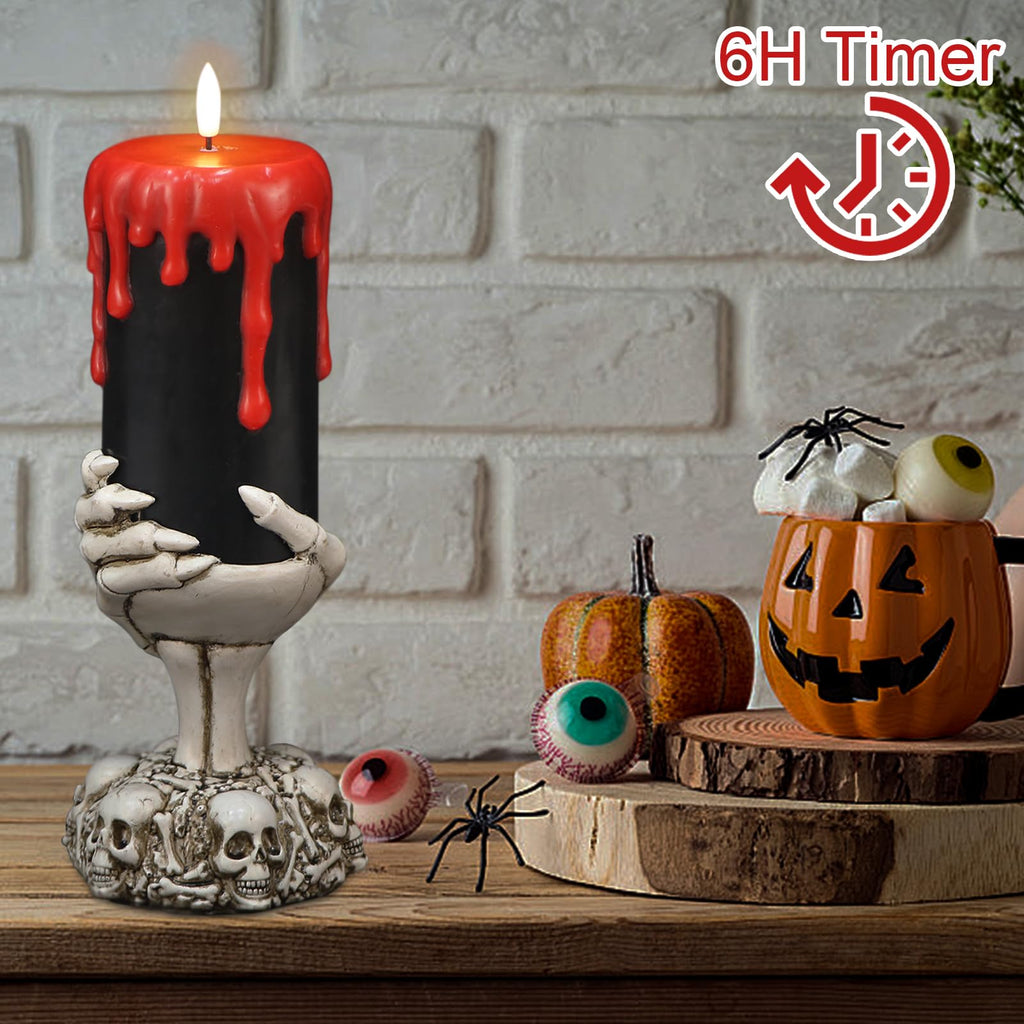 Eldnacele Halloween LED Flameless Flickering Candles Battery Operated with 6H Timer Skull Spider Web Crow Raven Spooky Decals Halloween Themed Indoor Decoration(3 Pack, D3 x H6) - Halloween Happy
