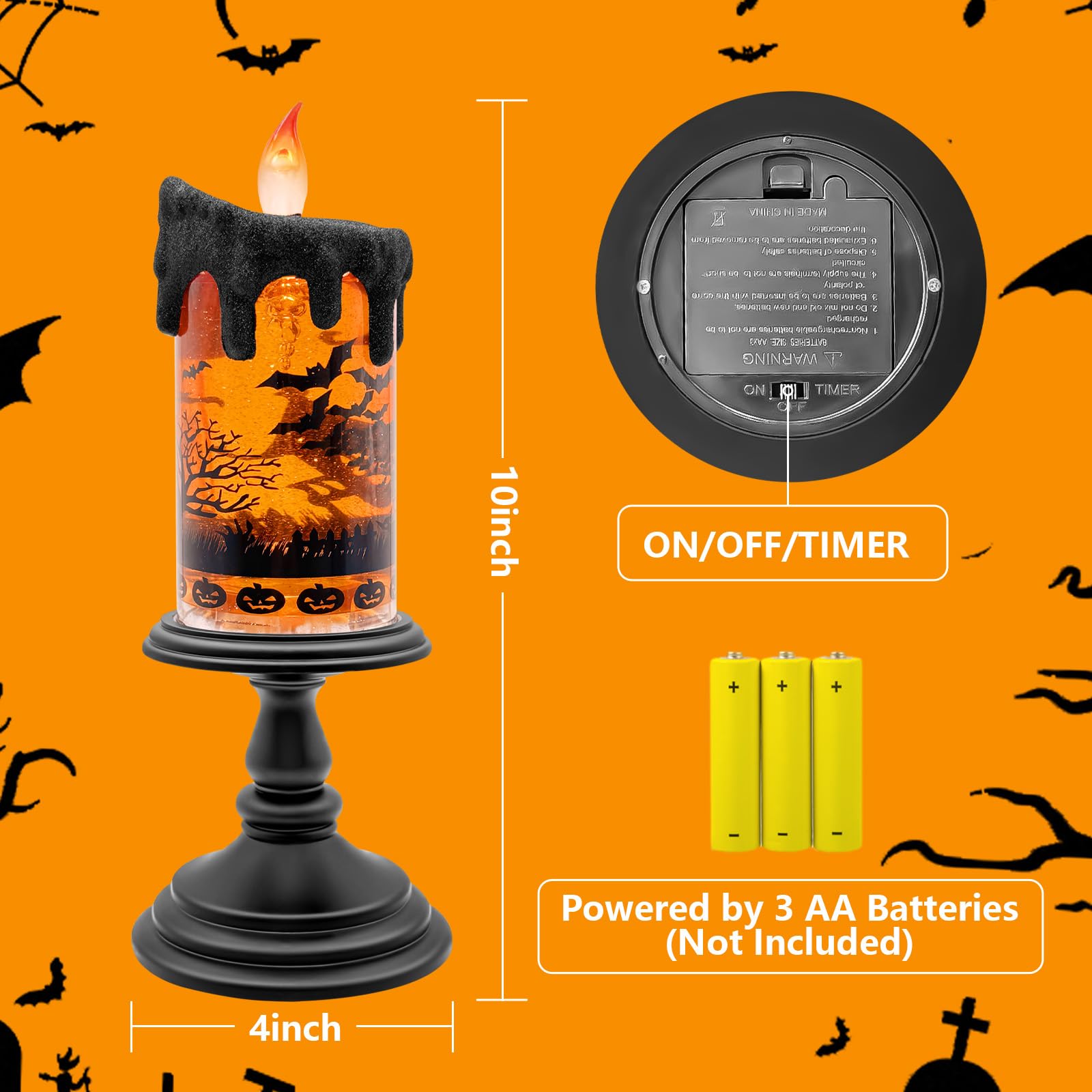 Halloween Snow Globe Flameless Candle – Lighted Halloween Glitter Lantern with Spinning Water and Timer, Pumpkin & Bat Scene Halloween Decor for Home, Party, Table Centerpiece - Halloween Happy