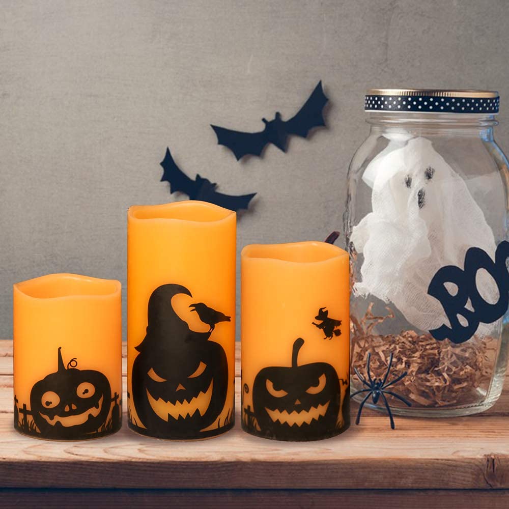 Eldnacele Halloween LED Flameless Flickering Candles Battery Operated with 6H Timer Skull Spider Web Crow Raven Spooky Decals Halloween Themed Indoor Decoration(3 Pack, D3 x H6) - Halloween Happy