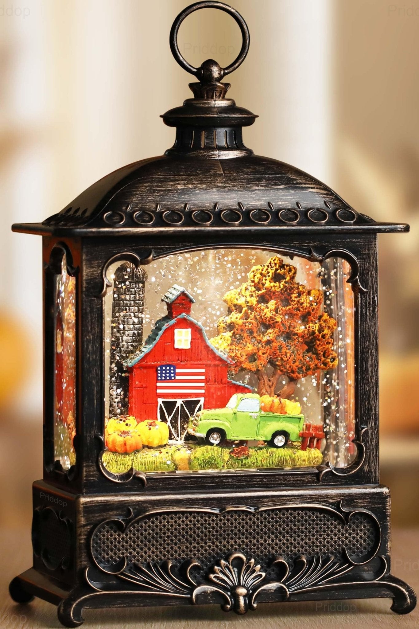 Halloween Snow Globe Lantern Haunted House Pumpkin Ghost Tree Crow Rip Dancing Bats with Timer, USB and Battery Powered 12 inch - Halloween Happy