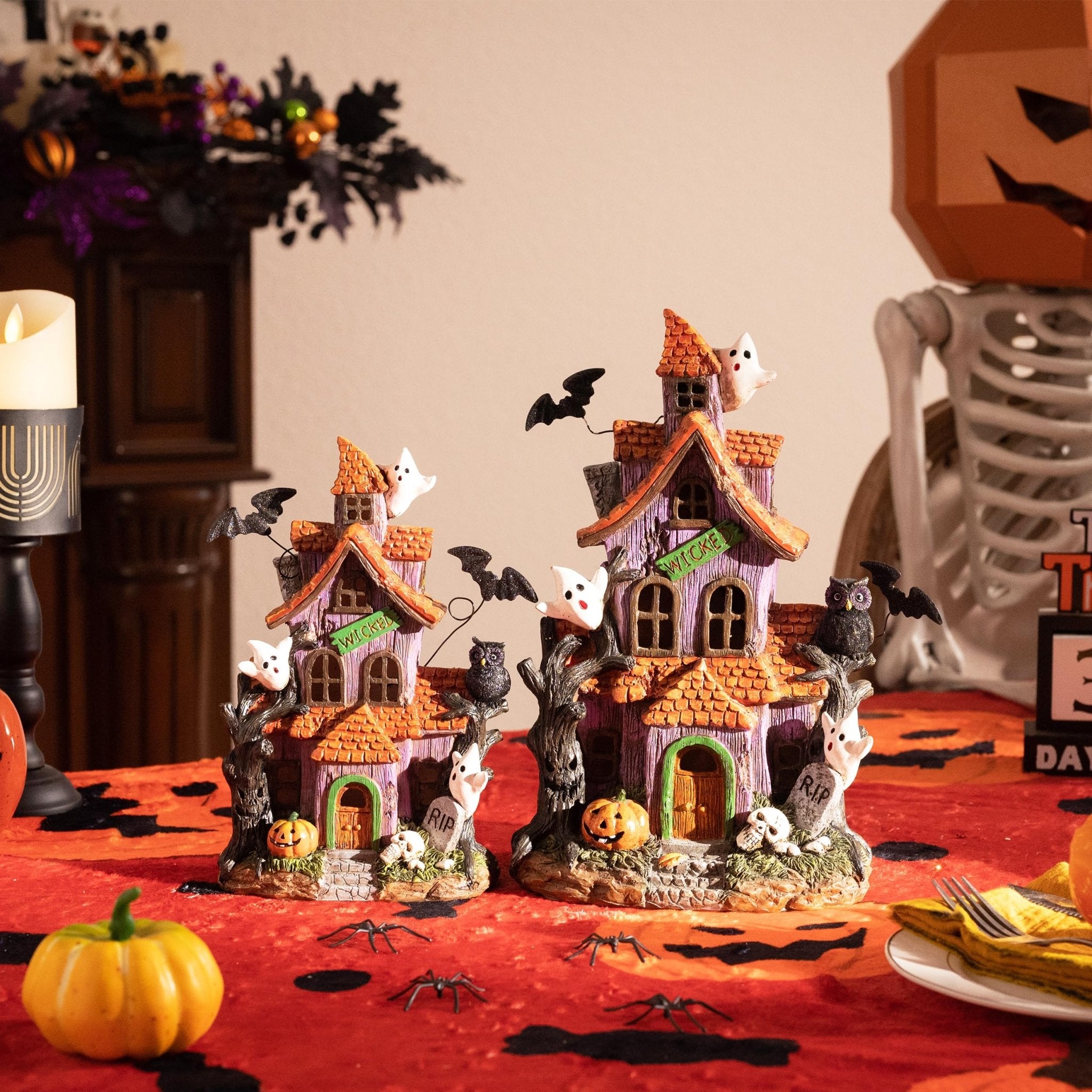 Valery Madelyn Halloween Decorations, Lighted Halloween Village Houses with LED Lights, Resin Spooky Town Happy Haunted House for Home and Party Table Desk Mantel, 9 Inch - Halloween Happy