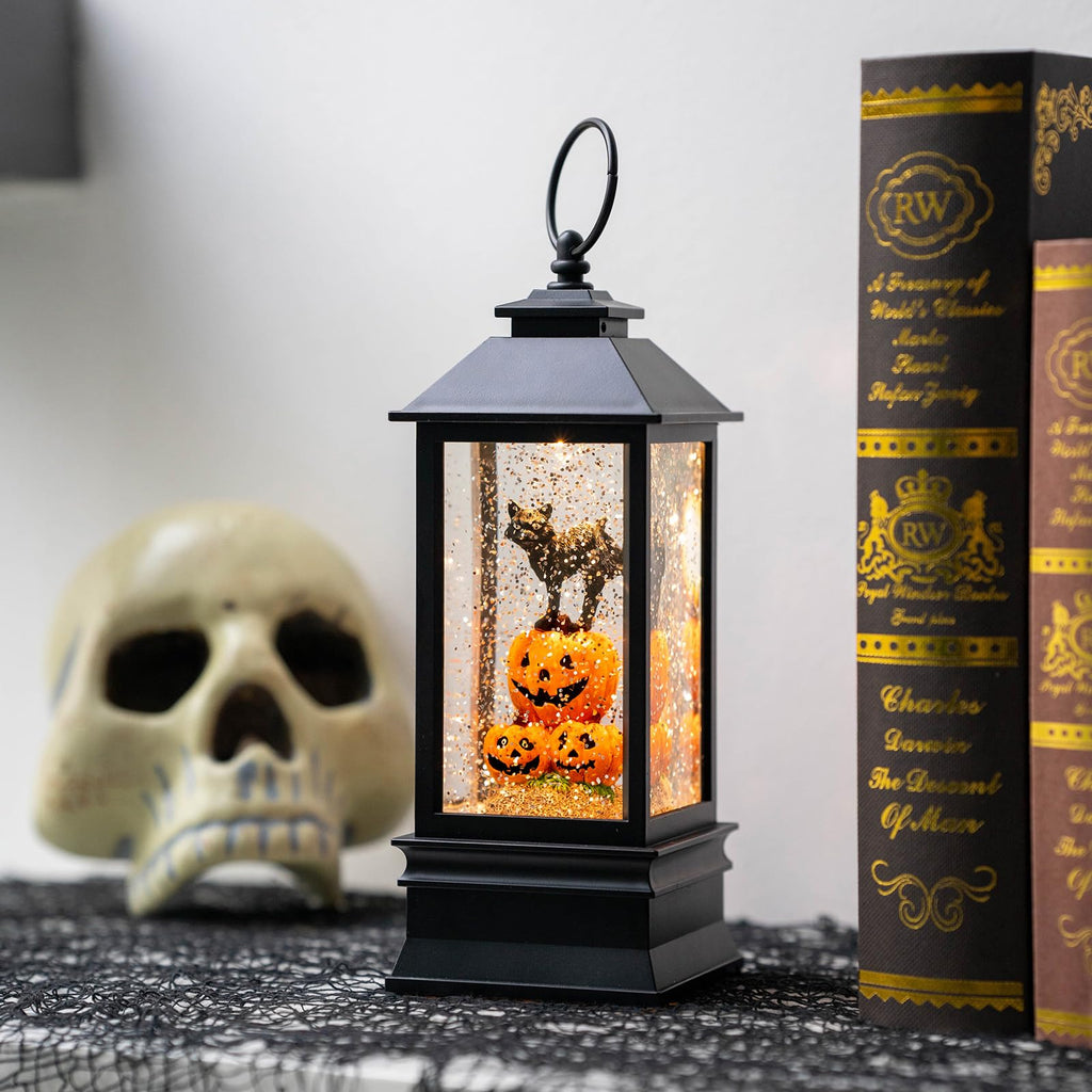 Halloween Snow Globe Lantern Water Glittering Spooky Witch' s Black Cat in Pumpkins with Music, USB Lined/Battery Operated Lighted Lantern for Halloween Festival Decoration Gifts - Halloween Happy