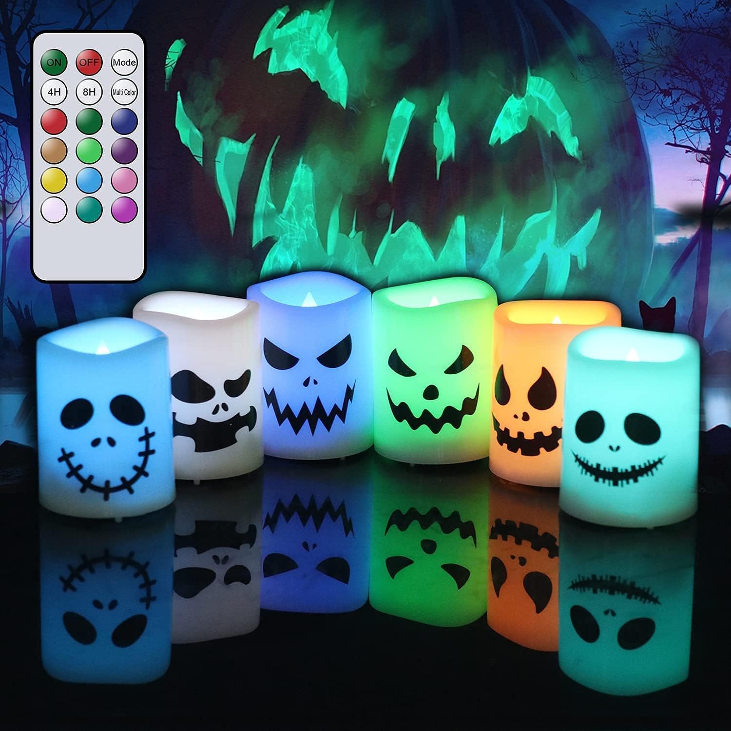 GenSwin Halloween Flameless Votive Candles Color Changing with Remote Timer, Battery Operated LED Tealight Candles for Halloween Home Decoration Gifts(6 Pack, 1.5” x 2”)(Battery Included) - Halloween Happy