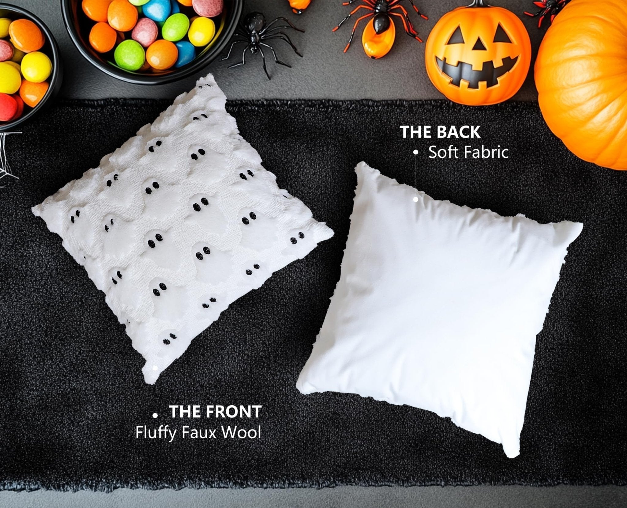 4TH Emotion Halloween Ghost Decorative Pillow Covers 18x18 Set of 2, White Soft Plush Faux Fur Farmhouse Throw Cushion Cases for Fall Autumn Holiday Home Decorations - Halloween Happy