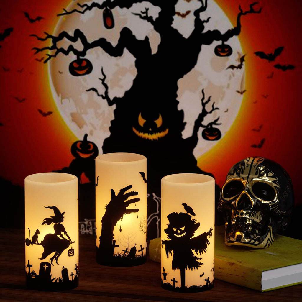 Eldnacele Halloween LED Flameless Flickering Candles Battery Operated with 6H Timer Skull Spider Web Crow Raven Spooky Decals Halloween Themed Indoor Decoration(3 Pack, D3 x H6) - Halloween Happy