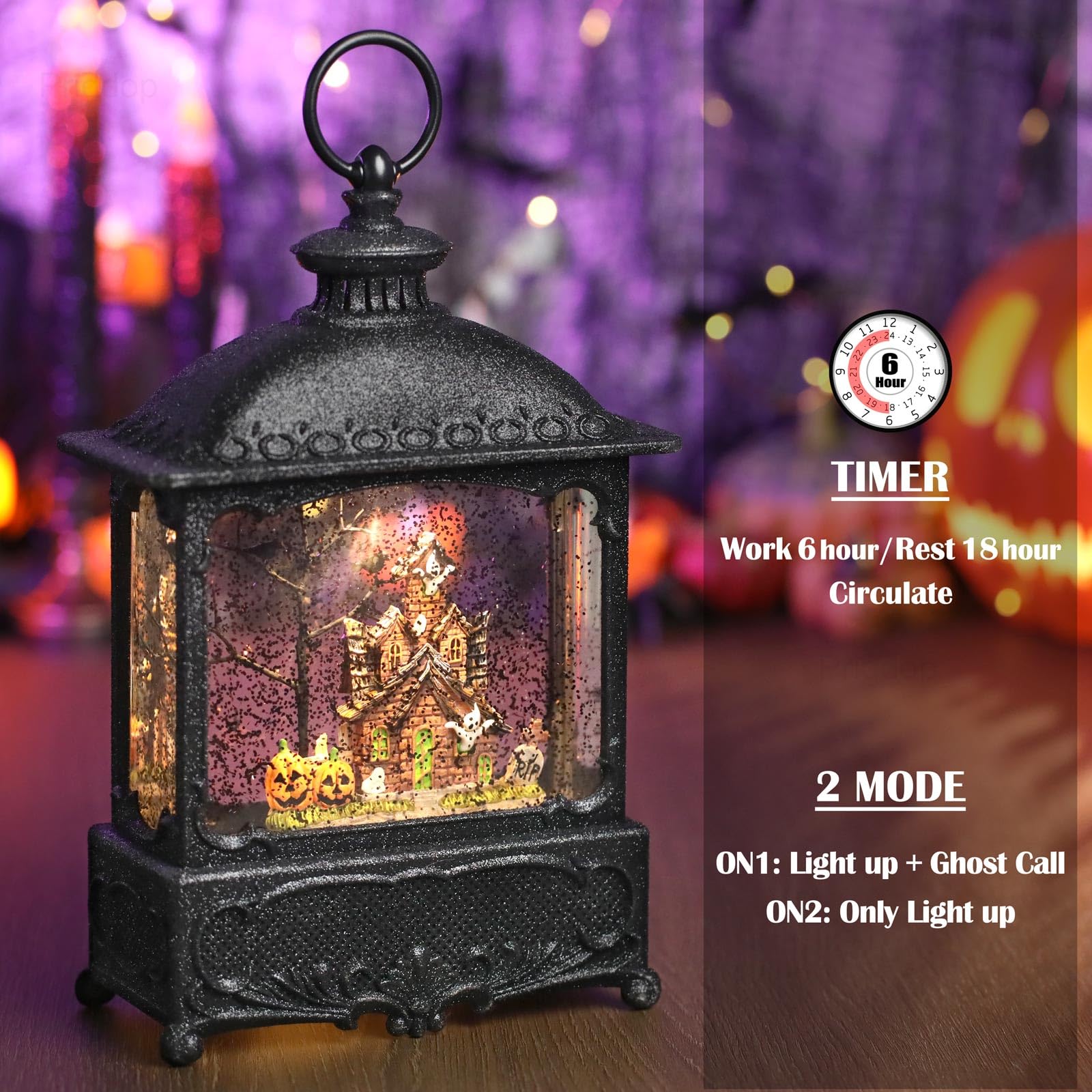 Halloween Snow Globe Lantern Haunted House Pumpkin Ghost Tree Crow Rip Dancing Bats with Timer, USB and Battery Powered 12 inch - Halloween Happy