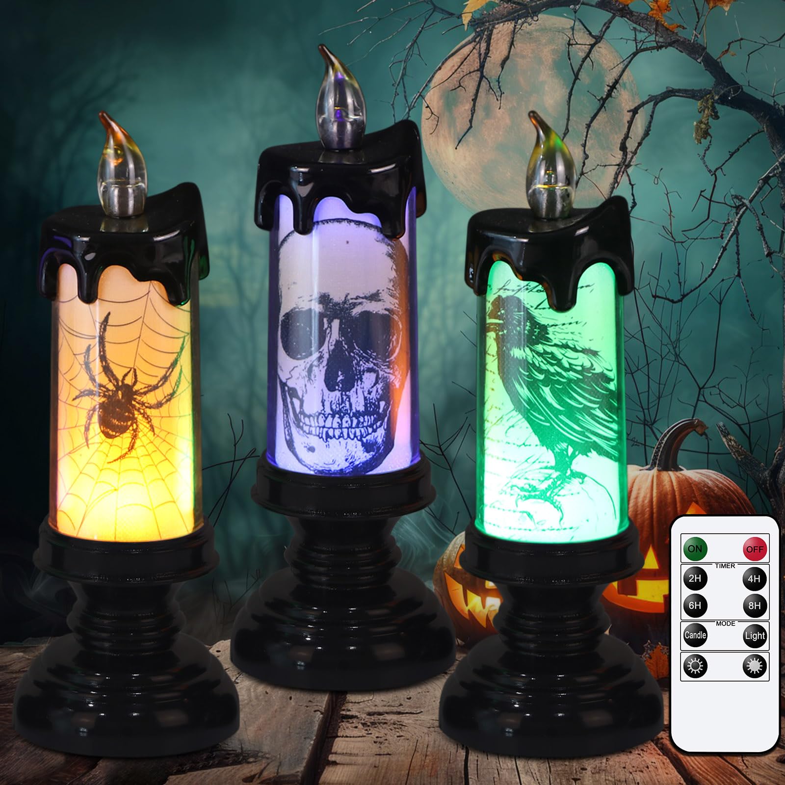 Eldnacele Halloween LED Flameless Flickering Candles Battery Operated with 6H Timer Skull Spider Web Crow Raven Spooky Decals Halloween Themed Indoor Decoration(3 Pack, D3 x H6) - Halloween Happy