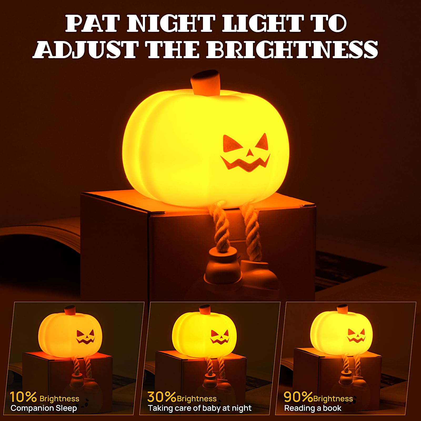 Pumpkin Night Light, Cute LED Lamp, Silicone Dimmable Nursery Nightlight for Kids, Silicone Rechargeable Bedside Touch Lamp, Funny Office Desk and Halloween Decor for Woman and Kids - Halloween Happy
