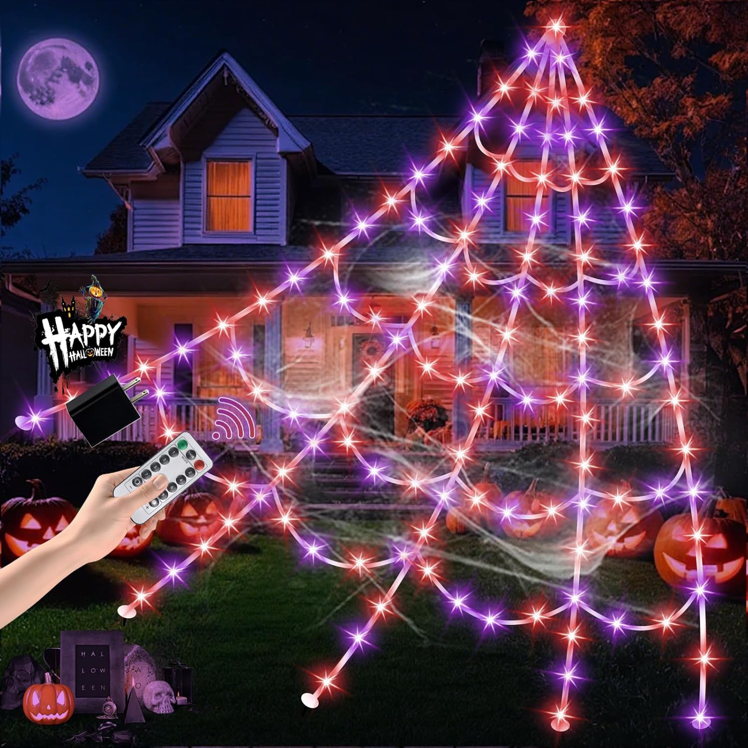 Halloween Spider Web Lights 550 LED Lighted Spider Web 16.4Ft Giant Halloween Decorations Light up with 8 Lighting Modes Waterproof & Timer for Indoor Outdoor House Haunted Yard Decor, Purple & Orange - Halloween Happy