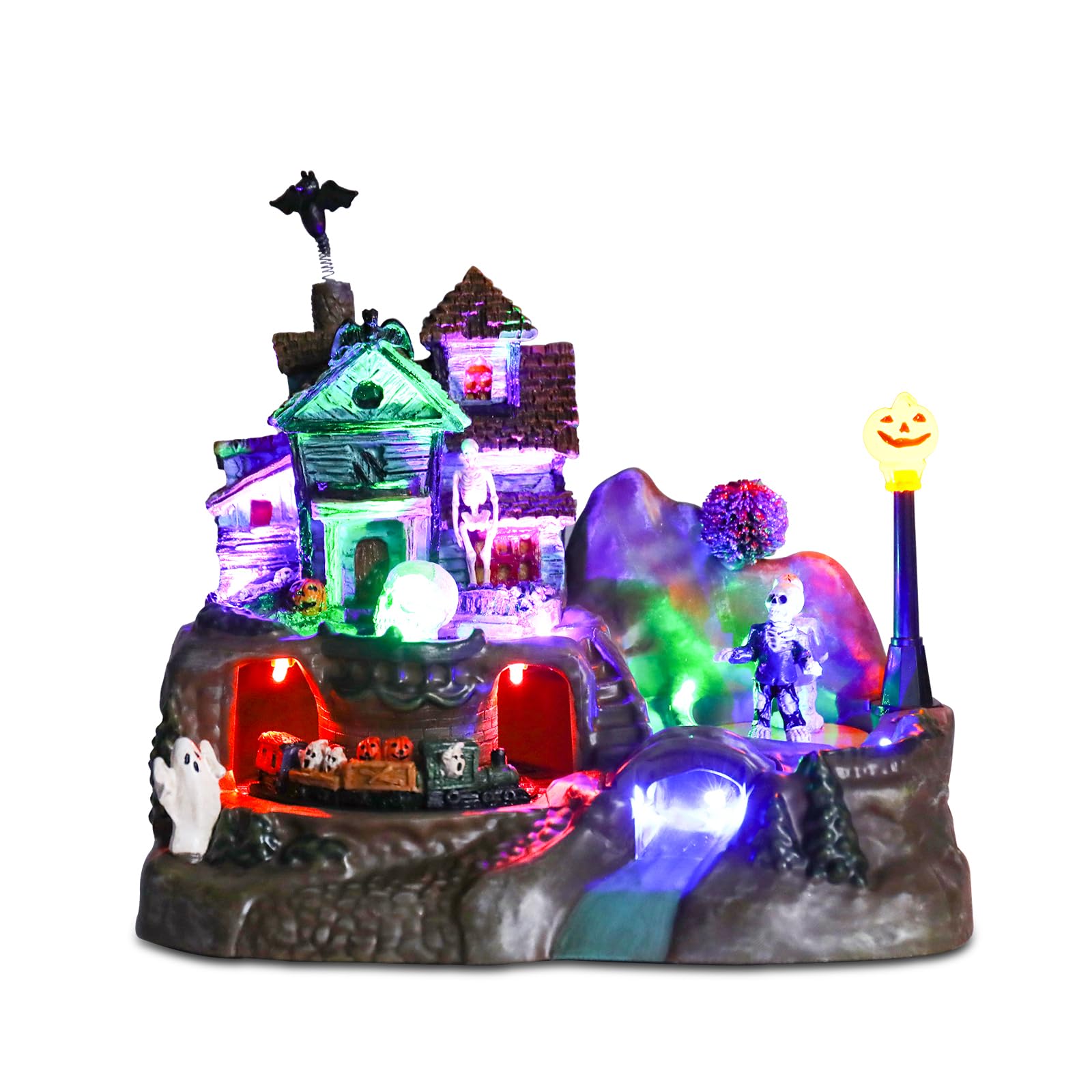 Halloween Village Houses Decorations, Lighted Haunted House with Animated Train and Scary Music, Resin Spooky Skull Village Collections for Holiday Party Table Indoor Home Decor - Halloween Happy