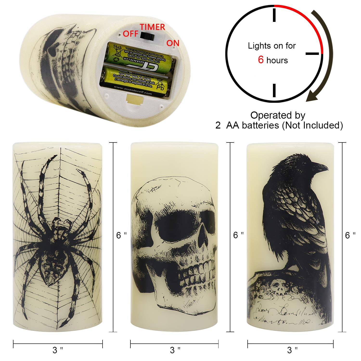 Eldnacele Halloween LED Flameless Flickering Candles Battery Operated with 6H Timer Skull Spider Web Crow Raven Spooky Decals Halloween Themed Indoor Decoration(3 Pack, D3 x H6) - Halloween Happy