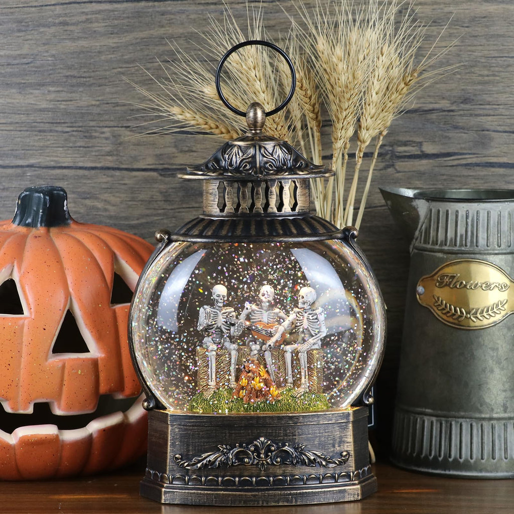 DRomance Halloween Skeleton Snow Globe Lantern with 6H Timer Battery Operated USB Powered Lighted Water Glitters Bronze Canteen Shaped Snow Globe Halloween Decoration Children Gift(6 x 3.2 x 11 Inch) - Halloween Happy