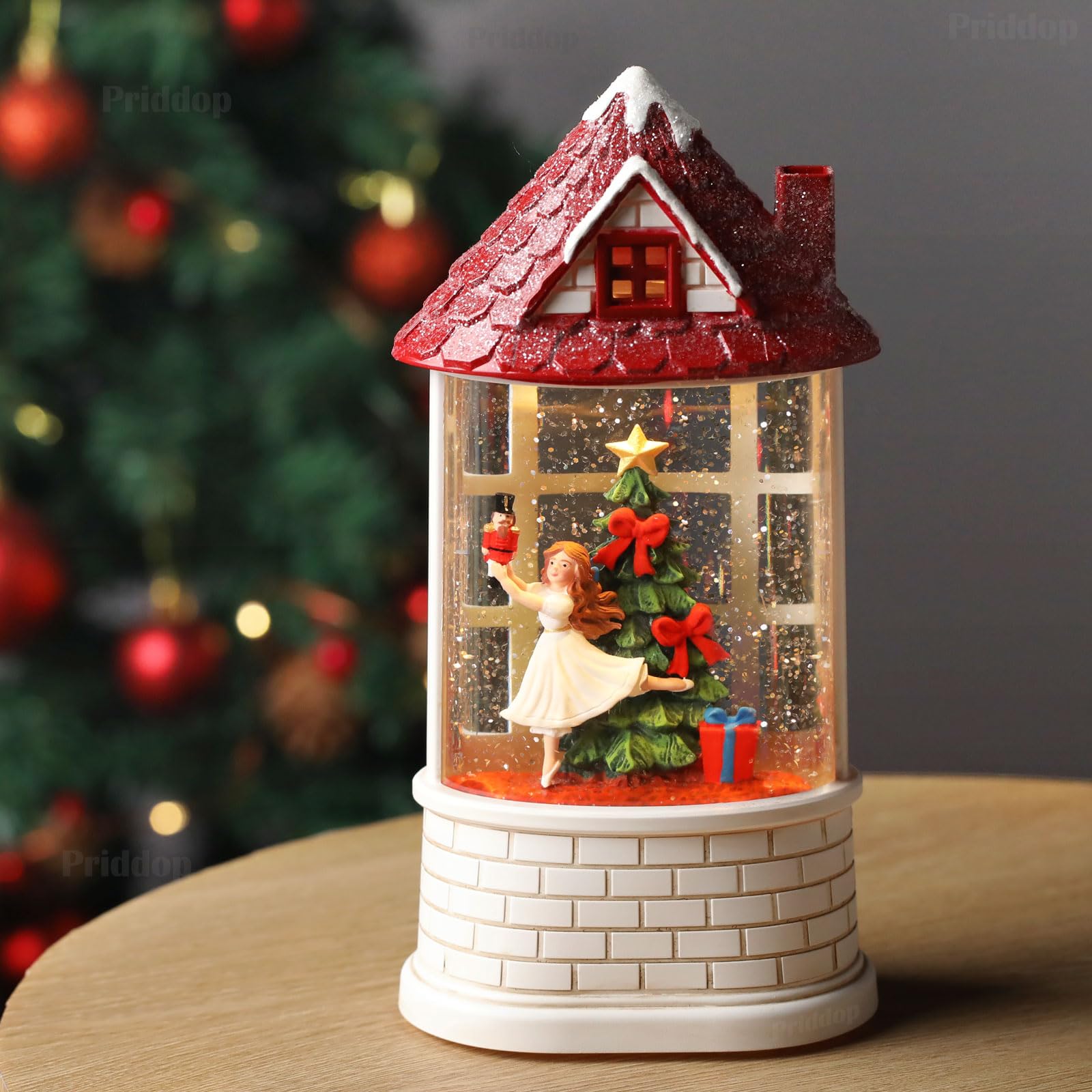 Halloween Snow Globe Lantern Haunted House Pumpkin Ghost Tree Crow Rip Dancing Bats with Timer, USB and Battery Powered 12 inch - Halloween Happy