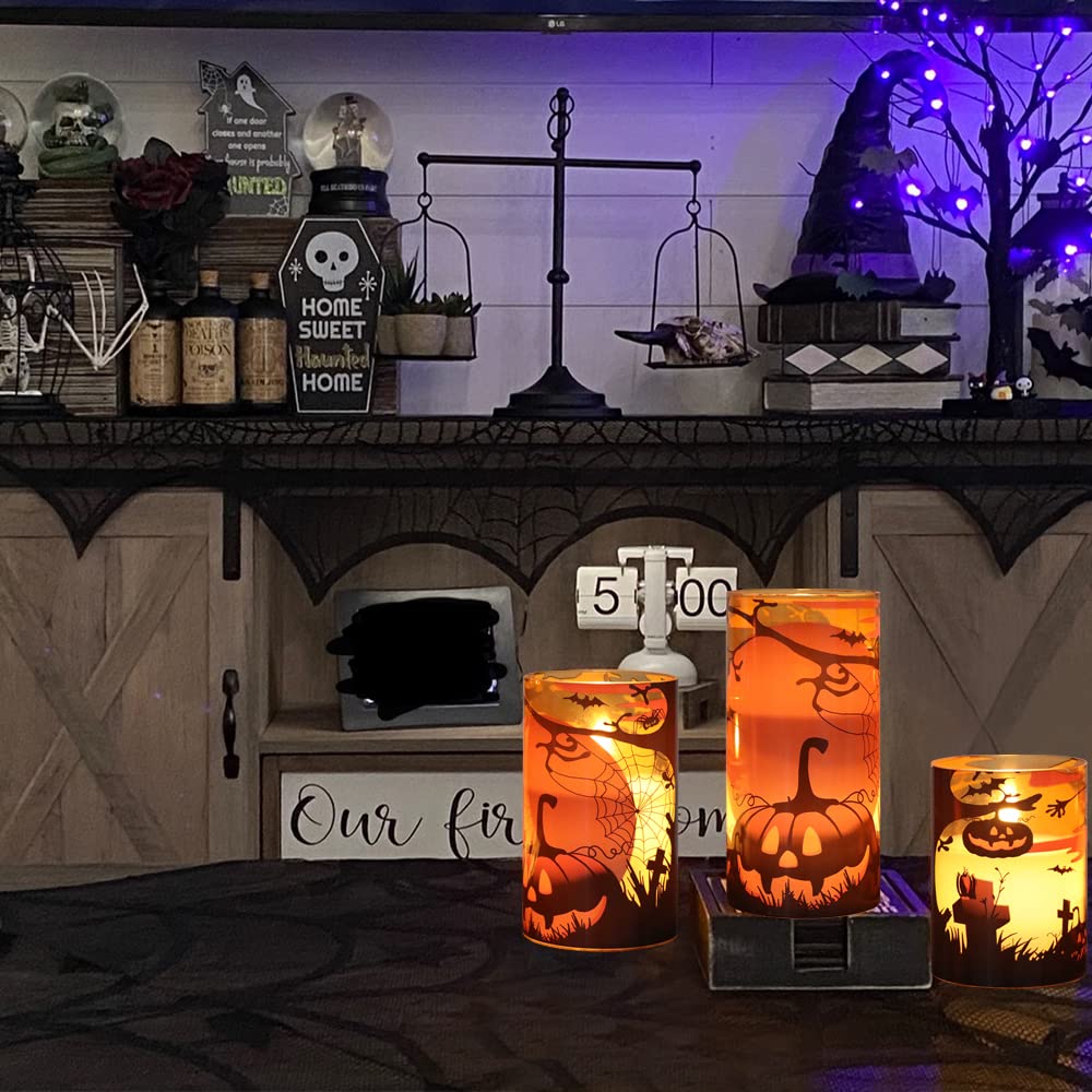 Eldnacele Halloween LED Flameless Flickering Candles Battery Operated with 6H Timer Skull Spider Web Crow Raven Spooky Decals Halloween Themed Indoor Decoration(3 Pack, D3 x H6) - Halloween Happy