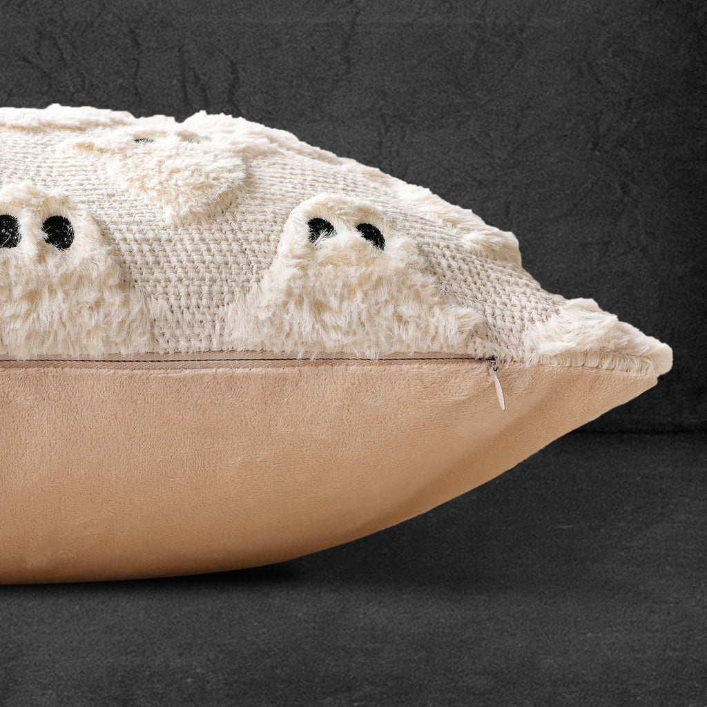 4TH Emotion Halloween Ghost Decorative Pillow Covers 18x18 Set of 2, White Soft Plush Faux Fur Farmhouse Throw Cushion Cases for Fall Autumn Holiday Home Decorations - Halloween Happy