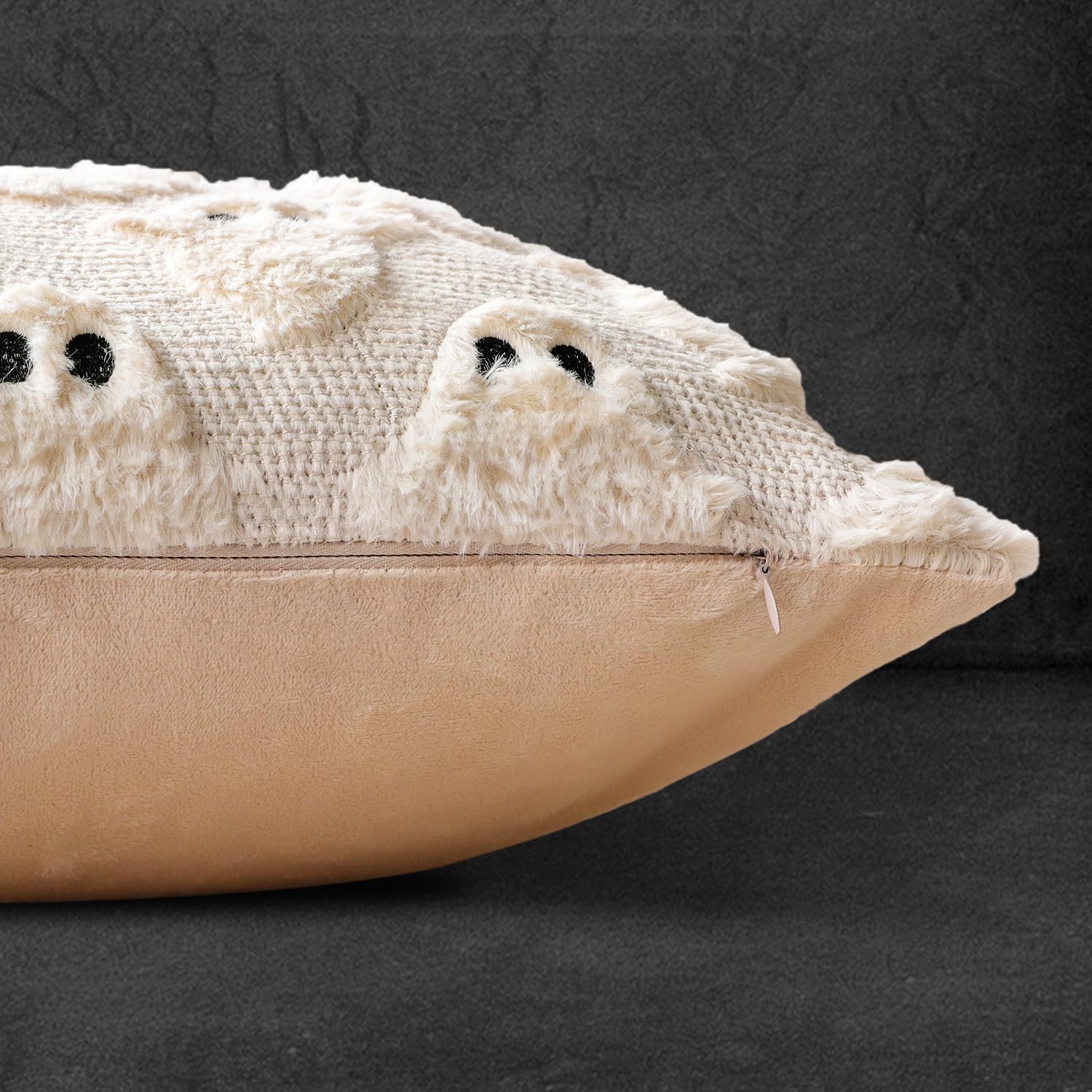 4TH Emotion Halloween Ghost Decorative Pillow Covers 18x18 Set of 2, White Soft Plush Faux Fur Farmhouse Throw Cushion Cases for Fall Autumn Holiday Home Decorations - Halloween Happy