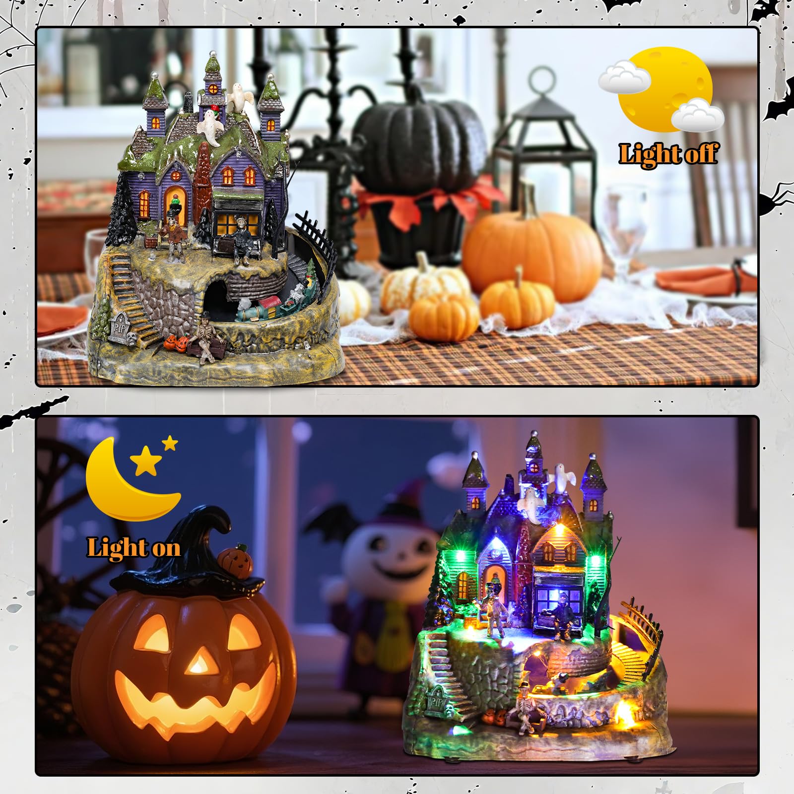 DREAM GARDEN Halloween Village Collection, Lighted Spooky Haunted House with Animated Train and Scary Sound Halloween Collectible Bulidings with Skull, Pumpkin, Ghost for Holiday Party Tabletop Decor - Halloween Happy