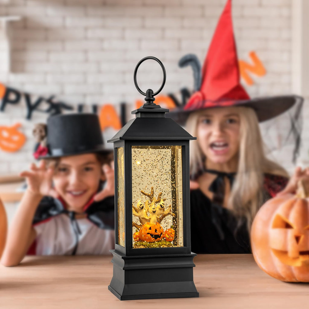 Halloween Snow Globe Lantern Water Glittering Spooky Witch' s Black Cat in Pumpkins with Music, USB Lined/Battery Operated Lighted Lantern for Halloween Festival Decoration Gifts - Halloween Happy