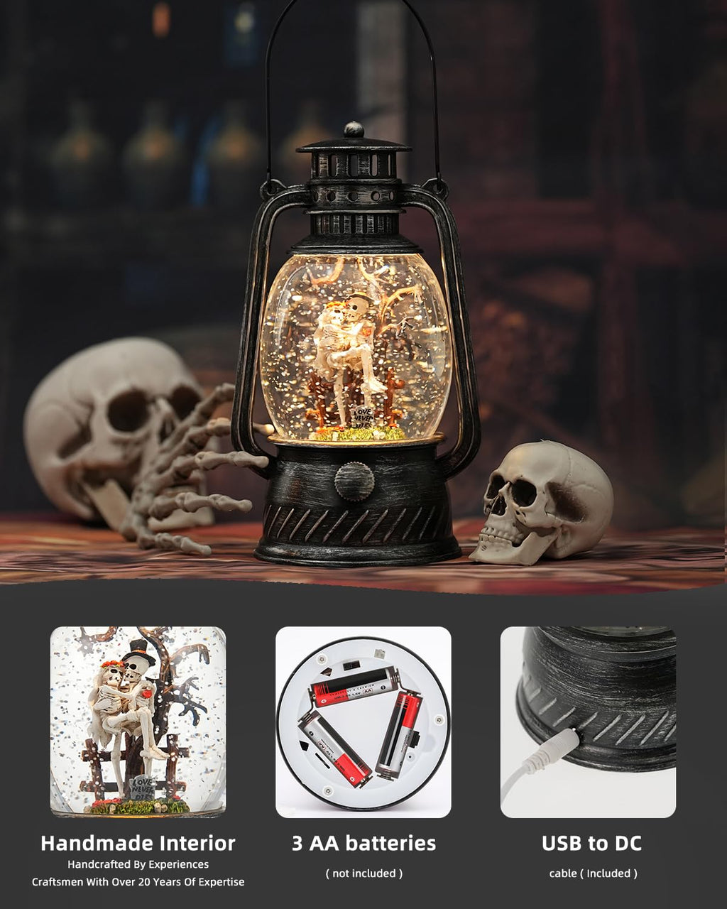 Halloween Snow Globe, Halloween Decorations Indoor Light Up Snow Globe Lantern with Music, 6H Timer, Love Never Dies Swirling Glitter Halloween Lantern for Halloween Home Decorations - Halloween Happy