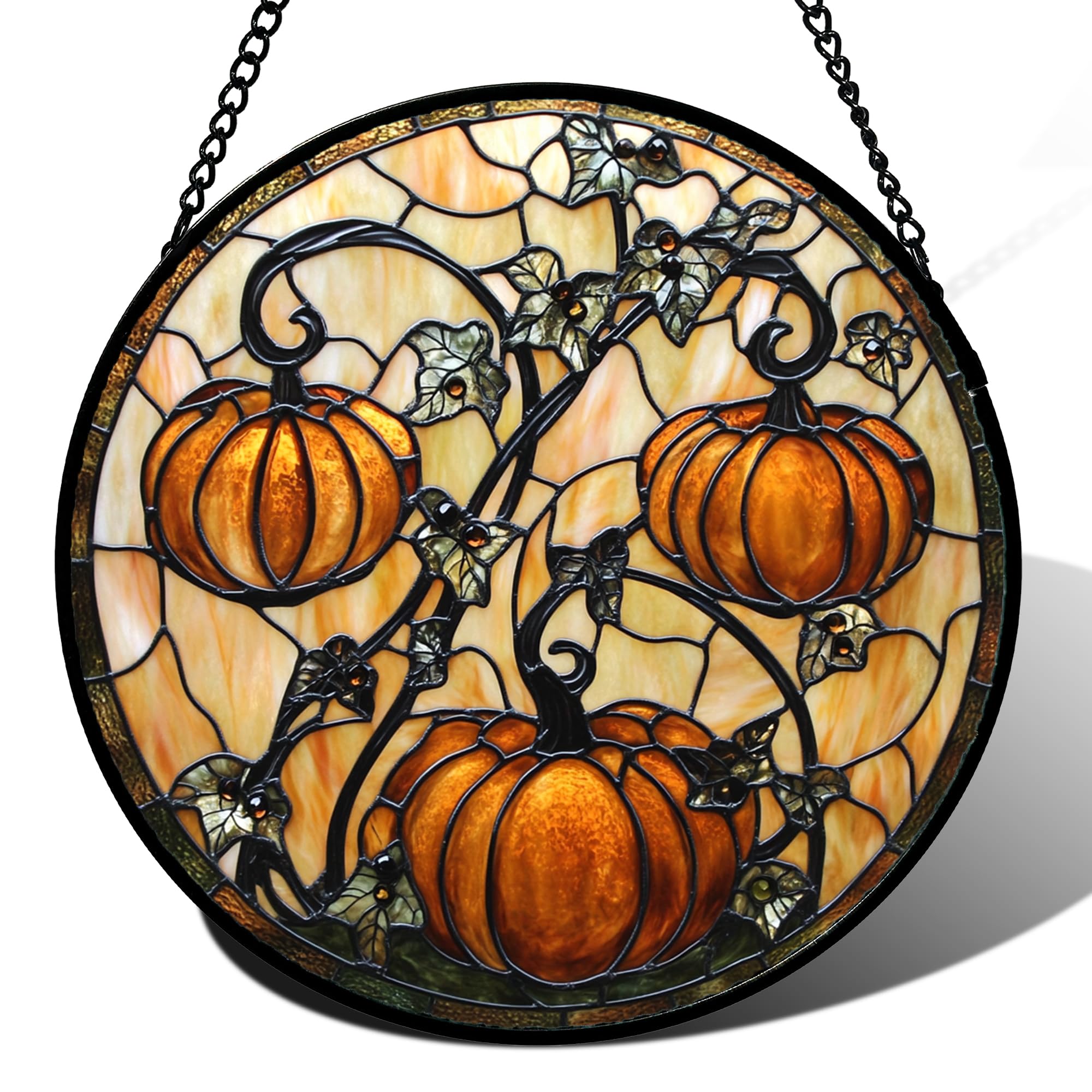 Stained Glass Window Hanging - Halloween Decoration Orange Pumpkin Vine Leaves Suncatcher for Door Garden Spooky Sun Catchers Gothic Decor Horror Gifts for Women Men Friend Boy Girl 6.3 in - Halloween Happy