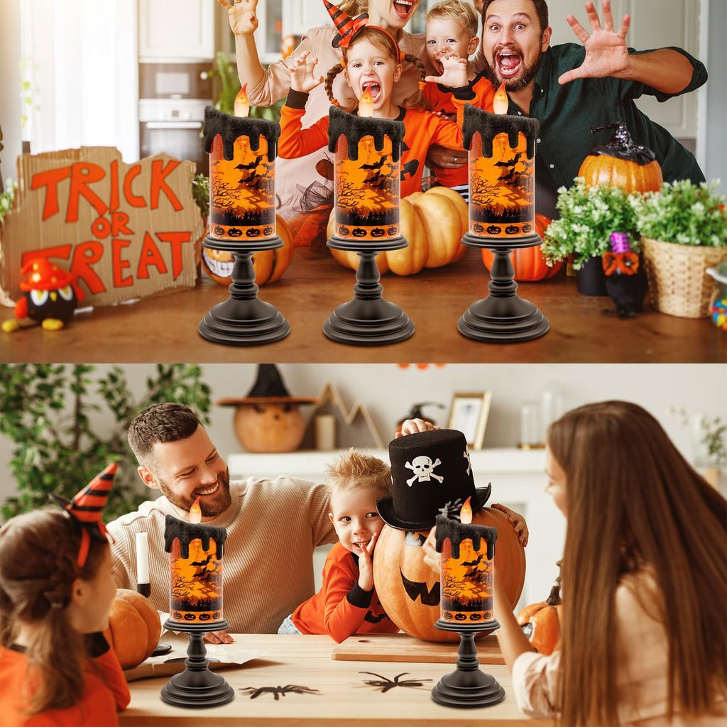 Halloween Snow Globe Flameless Candle – Lighted Halloween Glitter Lantern with Spinning Water and Timer, Pumpkin & Bat Scene Halloween Decor for Home, Party, Table Centerpiece - Halloween Happy