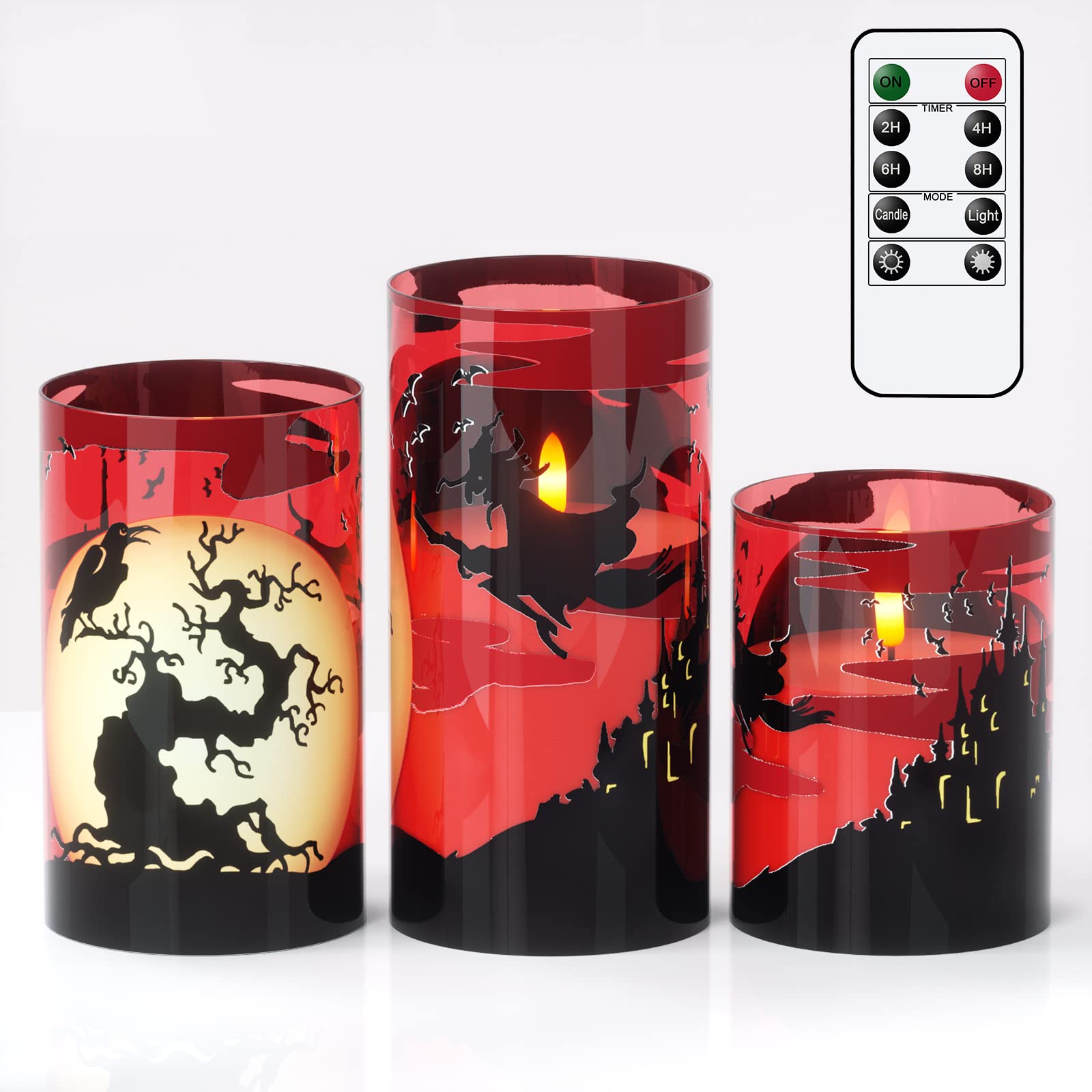 Eldnacele Halloween LED Flameless Flickering Candles Battery Operated with 6H Timer Skull Spider Web Crow Raven Spooky Decals Halloween Themed Indoor Decoration(3 Pack, D3 x H6) - Halloween Happy