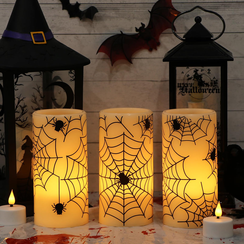 Eldnacele Halloween LED Flameless Flickering Candles Battery Operated with 6H Timer Skull Spider Web Crow Raven Spooky Decals Halloween Themed Indoor Decoration(3 Pack, D3 x H6) - Halloween Happy