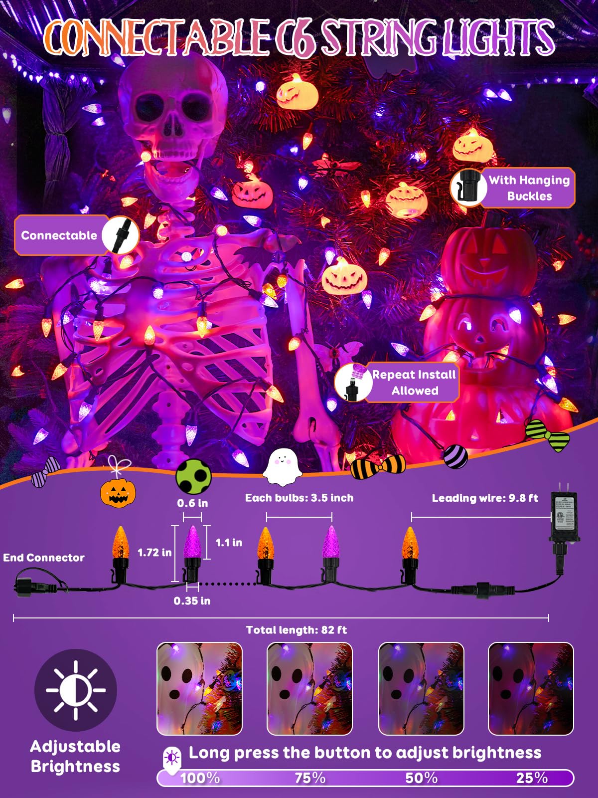 Upgraded 250 LED C6 Connectable Halloween String Lights, 82FT Orange Purple and Green Lights, Waterproof Fairy Twinkle Light Plug in with 13 Modes & Timer for Outdoor Indoor Halloween Decorations - Halloween Happy