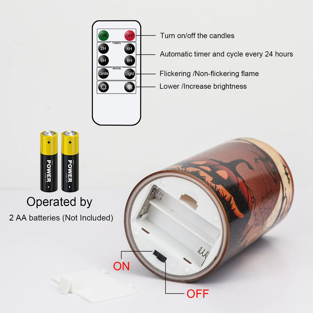 Eldnacele Halloween LED Flameless Flickering Candles Battery Operated with 6H Timer Skull Spider Web Crow Raven Spooky Decals Halloween Themed Indoor Decoration(3 Pack, D3 x H6) - Halloween Happy