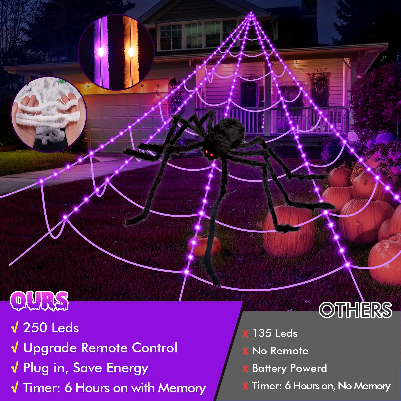 200" Halloween Spider Web + 59" Giant Spider Decorations Fake Spiders with Triangular Huge Spiders Web for Indoor Outdoor Halloween Decorations Yard Home Costumes Parties Haunted House Décor - Halloween Happy