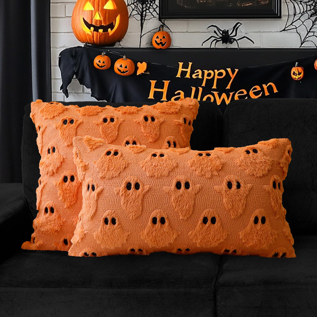 4TH Emotion Halloween Ghost Decorative Pillow Covers 18x18 Set of 2, White Soft Plush Faux Fur Farmhouse Throw Cushion Cases for Fall Autumn Holiday Home Decorations - Halloween Happy