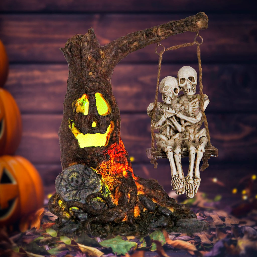 Halloween Skull Statue with Spooky LED Light for Holiday Decorations, Halloween Decor with Romantic Skeleton Couple on Swing Tombstone Tree, Grinning Skull Decor Props Haunted Collectible Gift - Halloween Happy