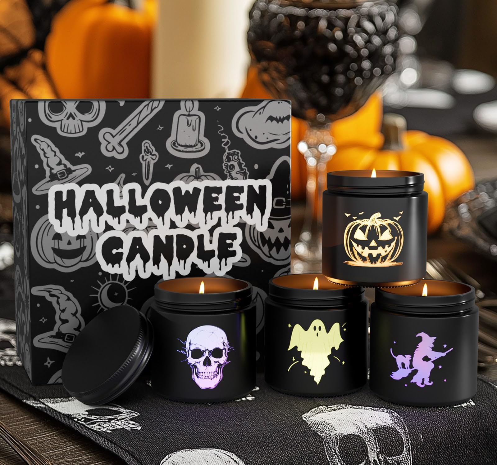 Halloween Candle Set, 4 Pack Scented Candles Gift with Pumpkin|Skull|Ghost|Witch|, 80H Lasting Burn Candles for Halloween Decorations Indoor, Candle Gift Set for Holiday - Halloween Happy