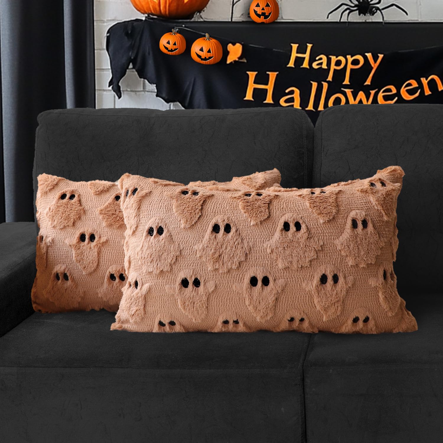 4TH Emotion Halloween Ghost Decorative Pillow Covers 18x18 Set of 2, White Soft Plush Faux Fur Farmhouse Throw Cushion Cases for Fall Autumn Holiday Home Decorations - Halloween Happy