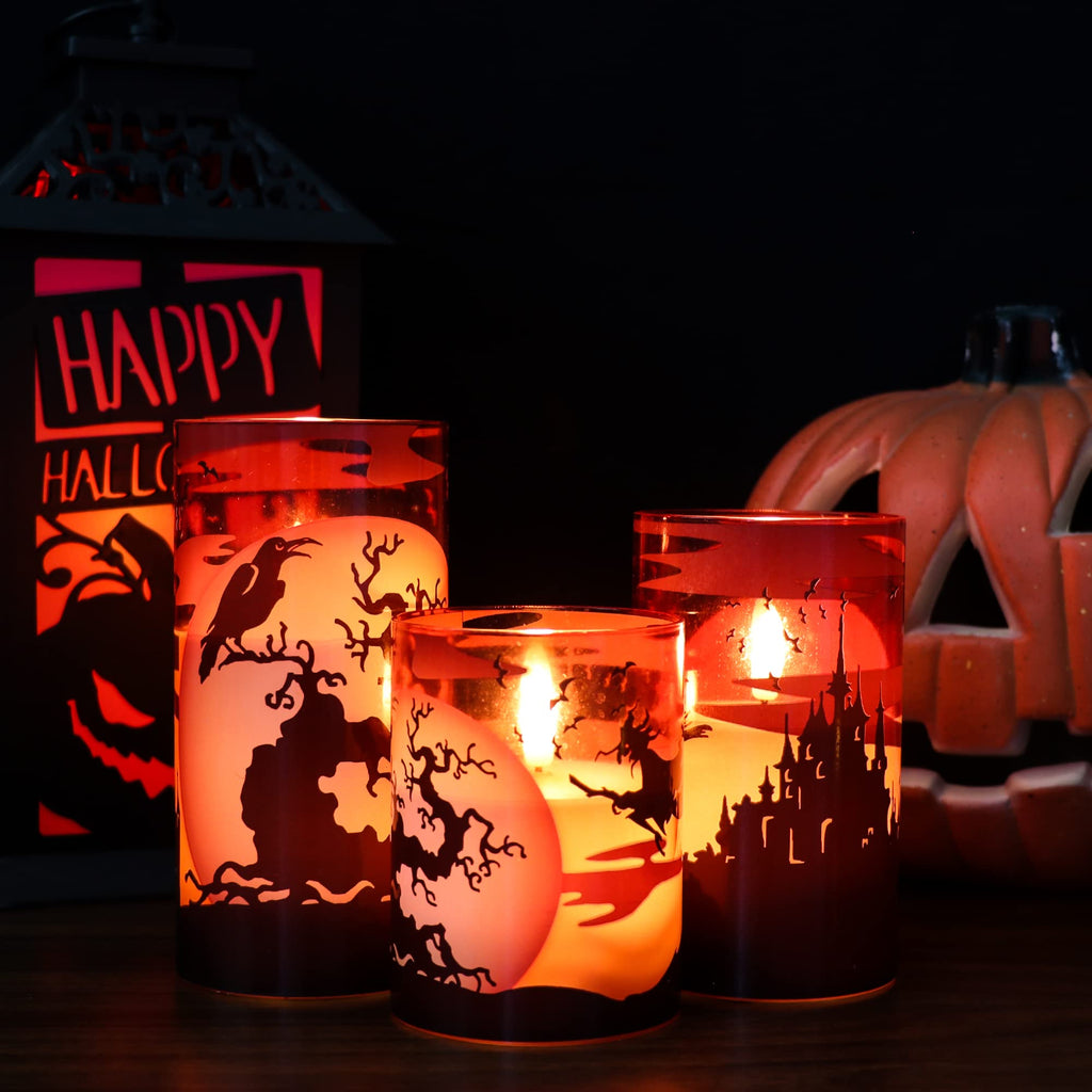 Eldnacele Halloween LED Flameless Flickering Candles Battery Operated with 6H Timer Skull Spider Web Crow Raven Spooky Decals Halloween Themed Indoor Decoration(3 Pack, D3 x H6) - Halloween Happy