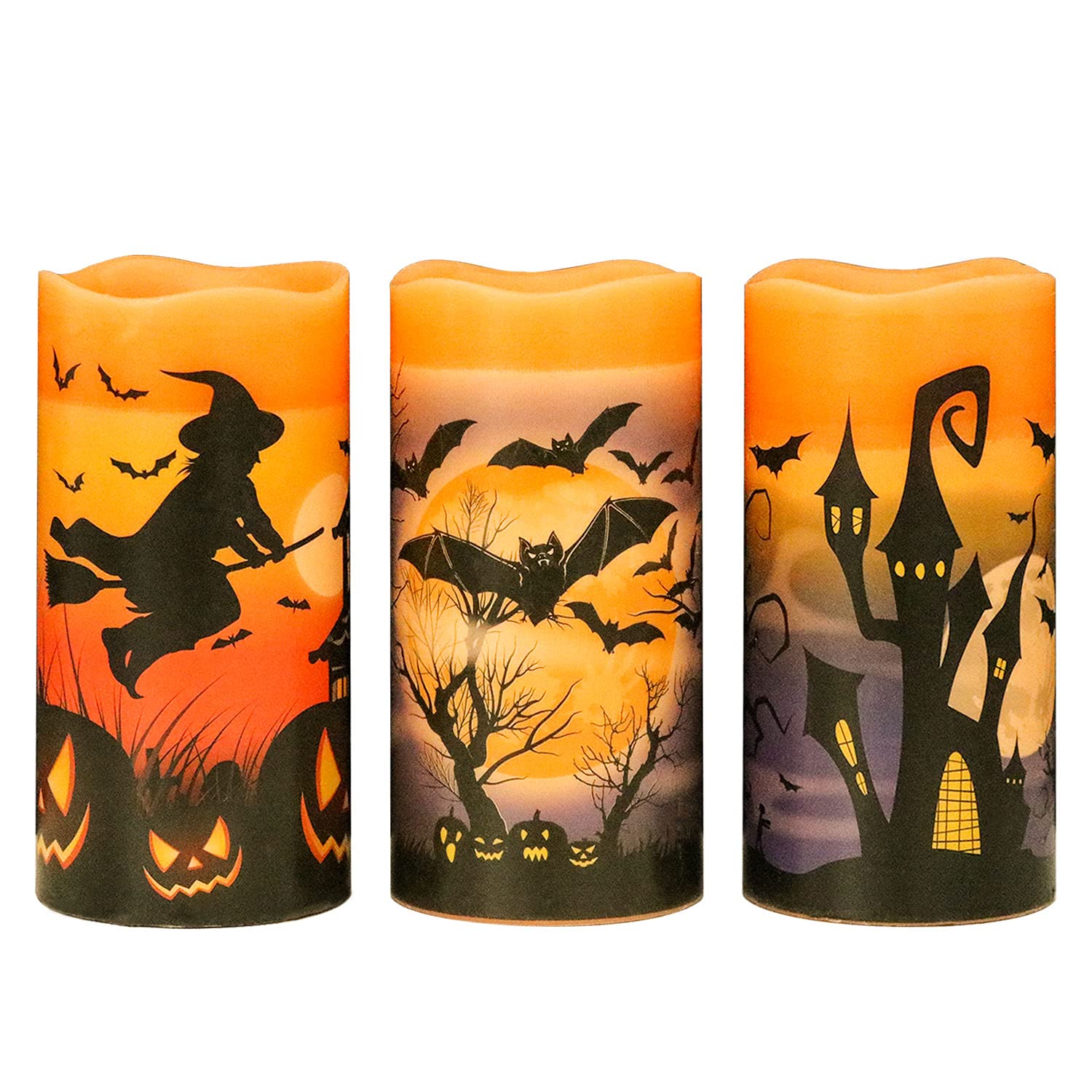 Eldnacele Halloween LED Flameless Flickering Candles Battery Operated with 6H Timer Skull Spider Web Crow Raven Spooky Decals Halloween Themed Indoor Decoration(3 Pack, D3 x H6) - Halloween Happy