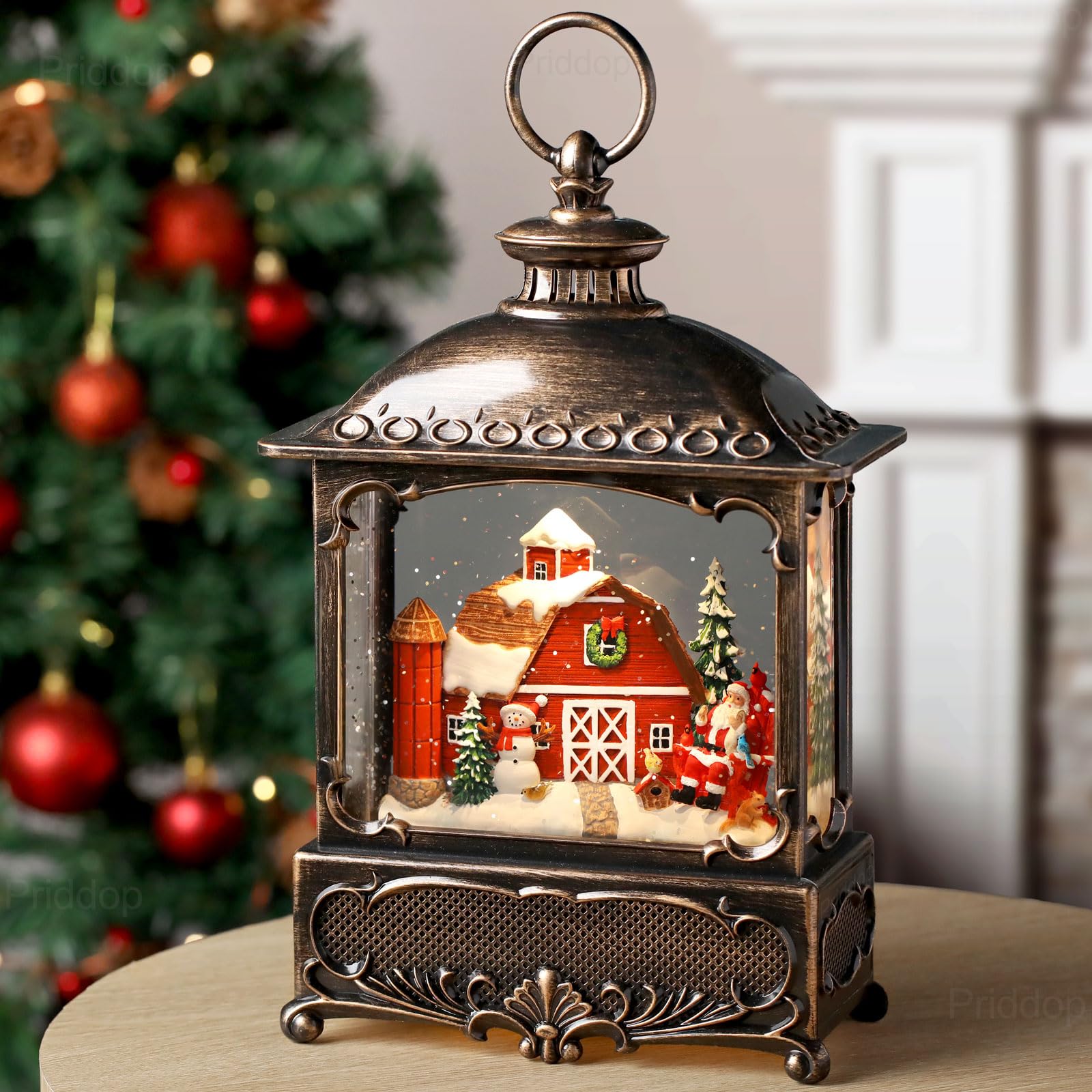 Halloween Snow Globe Lantern Haunted House Pumpkin Ghost Tree Crow Rip Dancing Bats with Timer, USB and Battery Powered 12 inch - Halloween Happy