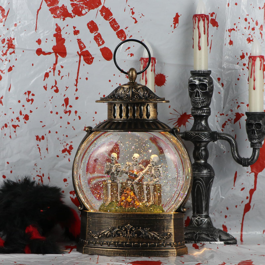 DRomance Halloween Skeleton Snow Globe Lantern with 6H Timer Battery Operated USB Powered Lighted Water Glitters Bronze Canteen Shaped Snow Globe Halloween Decoration Children Gift(6 x 3.2 x 11 Inch) - Halloween Happy