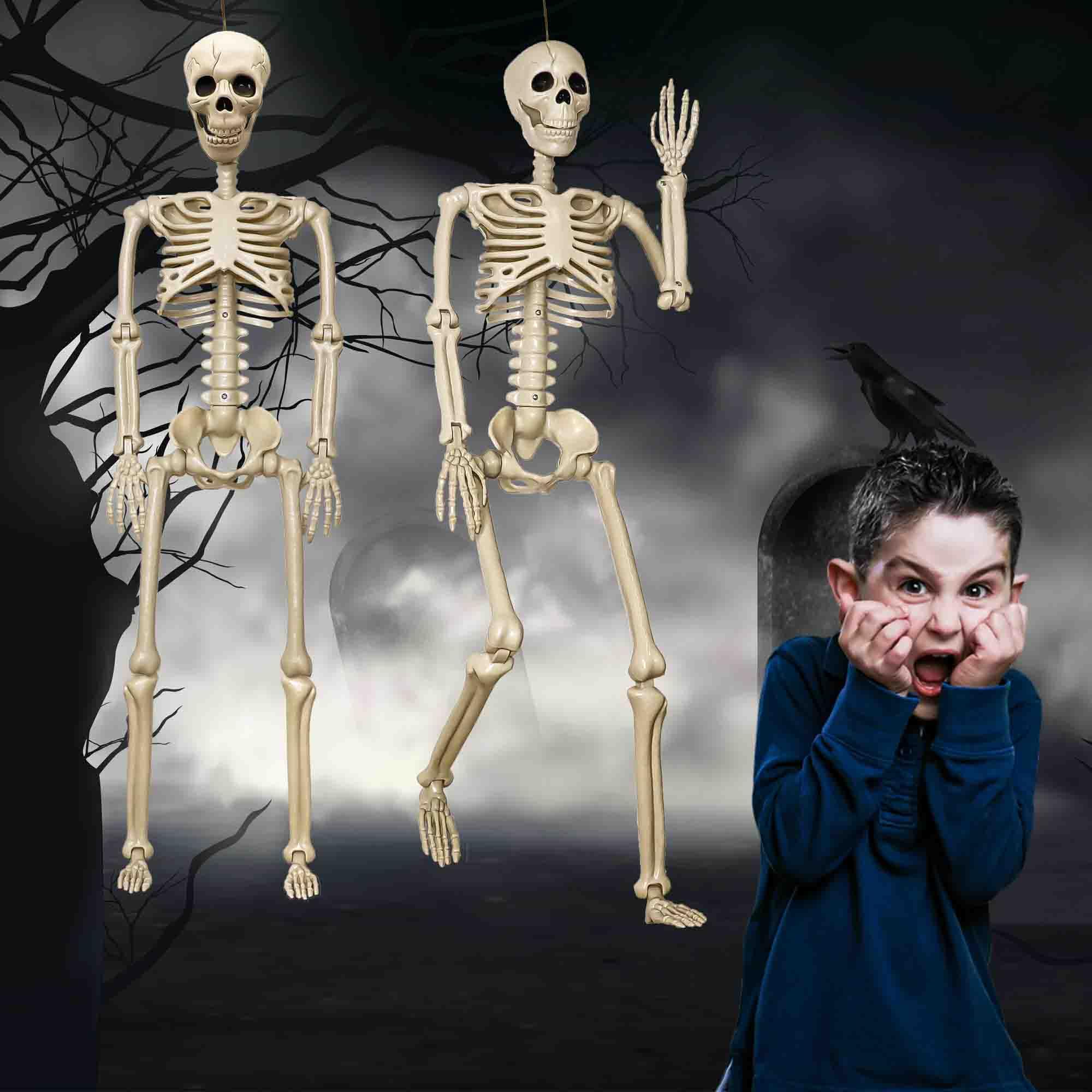 2 Pack 36"Halloween Skeleton - 3 ft Life Size Human Skeleton with Full Body Posable Joints Plastic Skeleton for Halloween Skeletons Decor Yard Patio Lawn Garden Skeleton Props Spooky Party Decoration - Halloween Happy