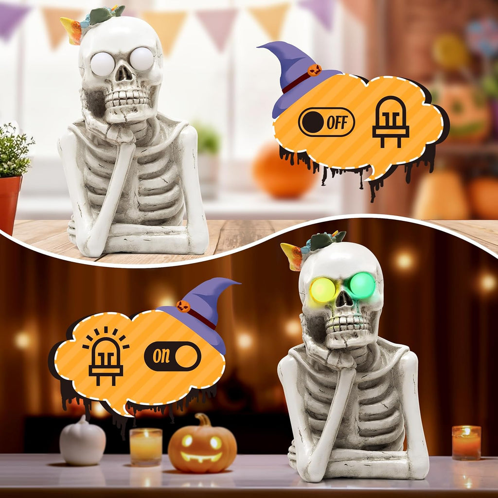 Halloween Skull Statue with Spooky LED Light for Holiday Decorations, Halloween Decor with Romantic Skeleton Couple on Swing Tombstone Tree, Grinning Skull Decor Props Haunted Collectible Gift - Halloween Happy