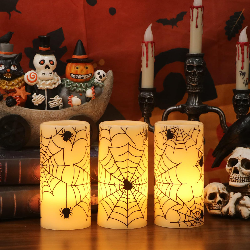 Eldnacele Halloween LED Flameless Flickering Candles Battery Operated with 6H Timer Skull Spider Web Crow Raven Spooky Decals Halloween Themed Indoor Decoration(3 Pack, D3 x H6) - Halloween Happy
