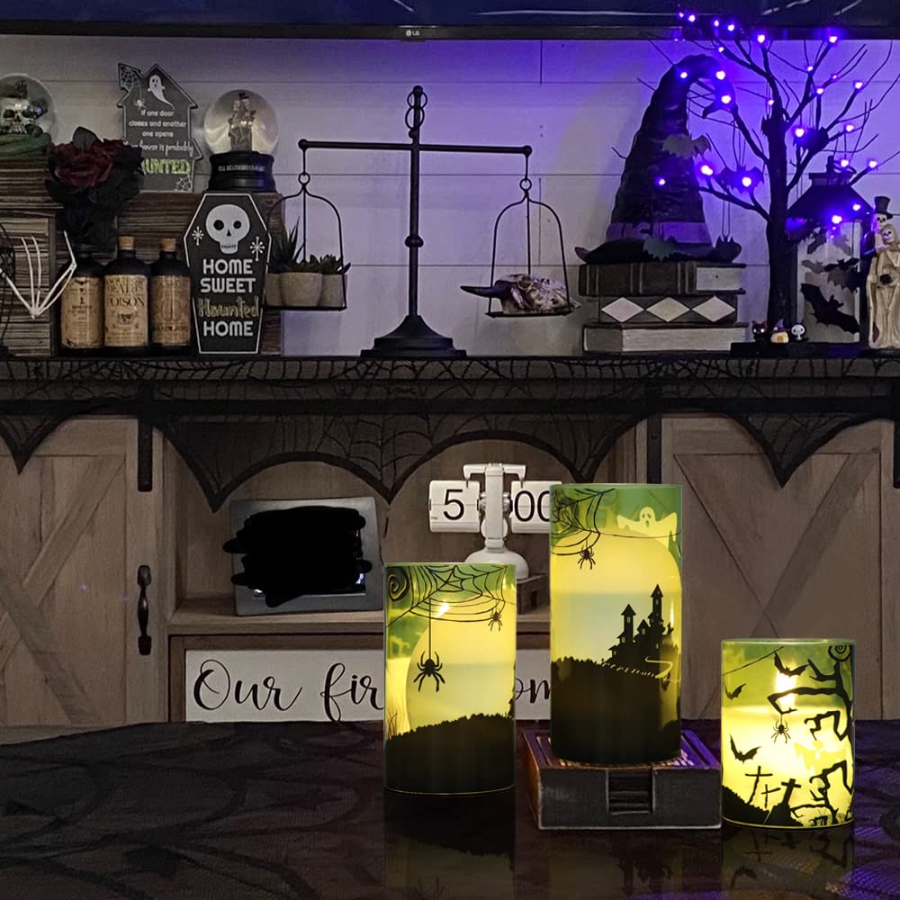 Eldnacele Halloween LED Flameless Flickering Candles Battery Operated with 6H Timer Skull Spider Web Crow Raven Spooky Decals Halloween Themed Indoor Decoration(3 Pack, D3 x H6) - Halloween Happy